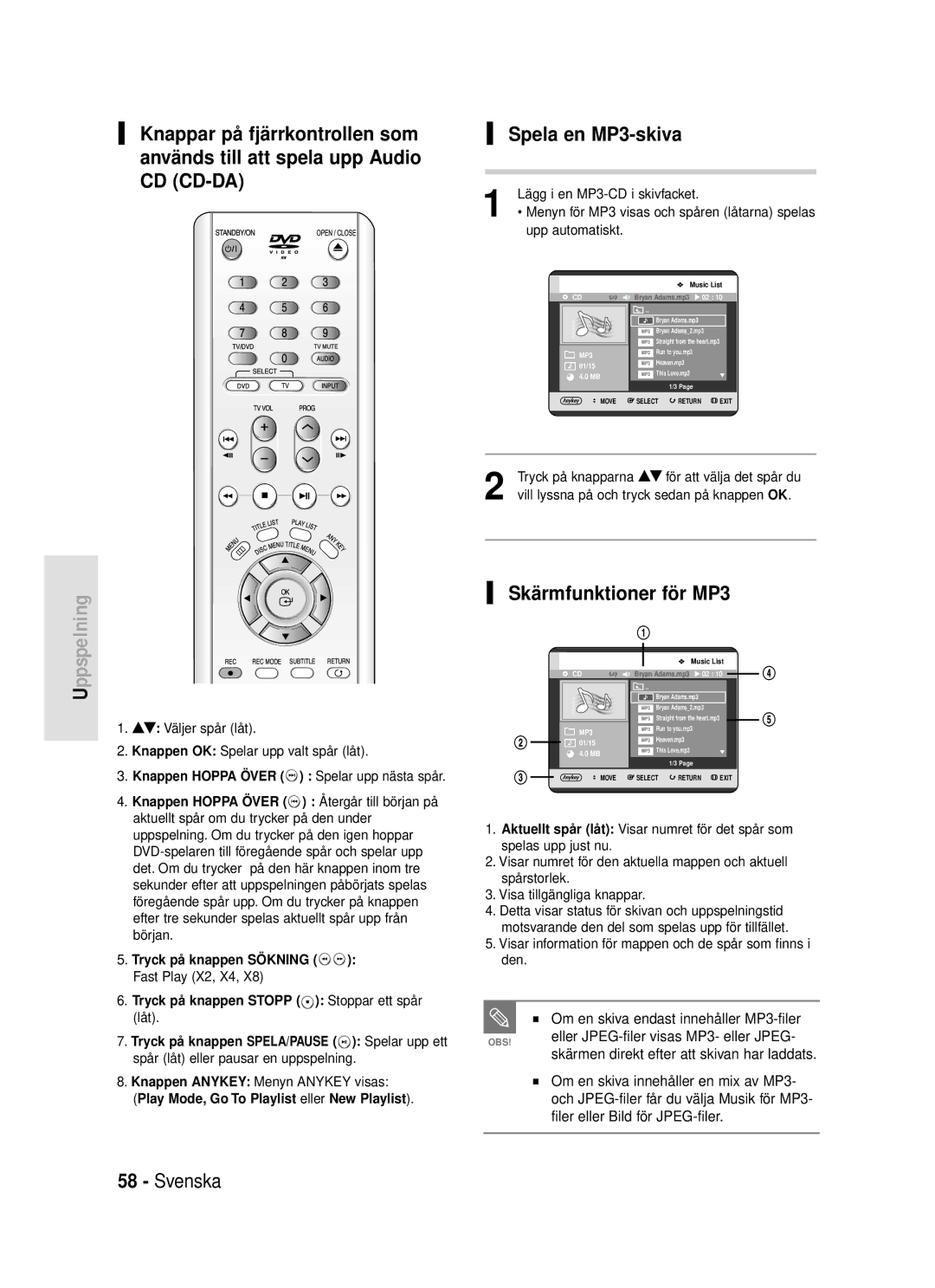 Samsung DVD-R119/XEE manual Spela en MP3-skiva, Skärmfunktioner för MP3, Om en skiva endast innehåller MP3-filer 