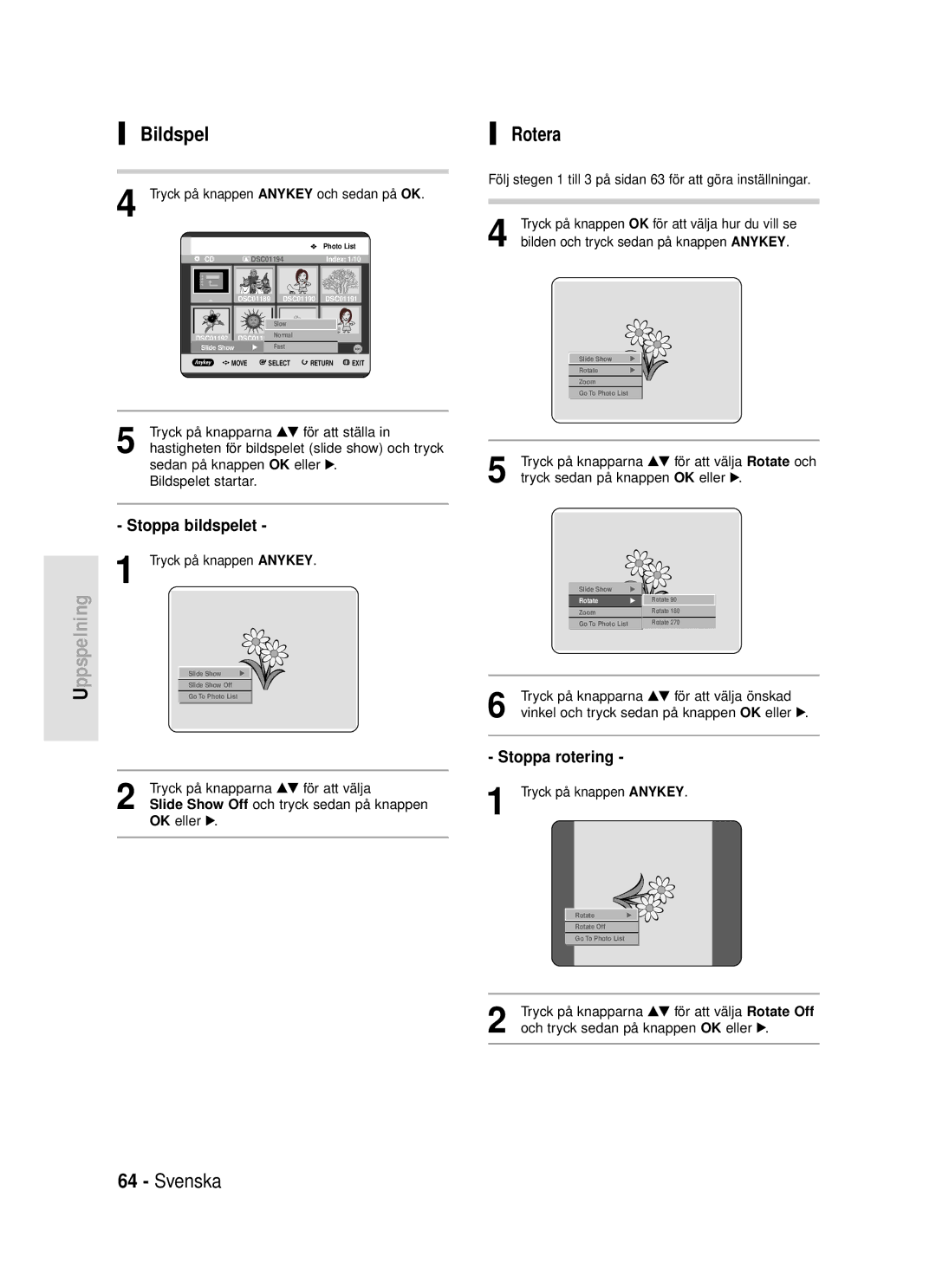 Samsung DVD-R119/XEE manual Bildspel Rotera, Stoppa bildspelet, Stoppa rotering 