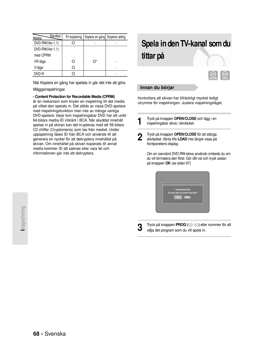 Samsung DVD-R119/XEE manual Innan du börjar, Content Protection for Recordable Media Cprm 