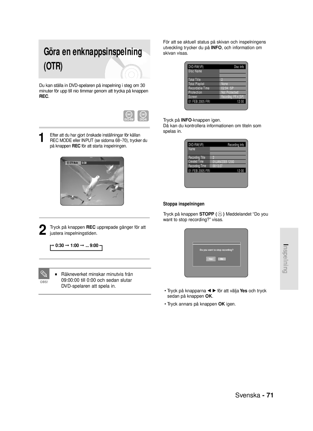 Samsung DVD-R119/XEE manual Räkneverket minskar minutvis från, Till 000 och sedan slutar, DVD-spelaren att spela, 030 100 