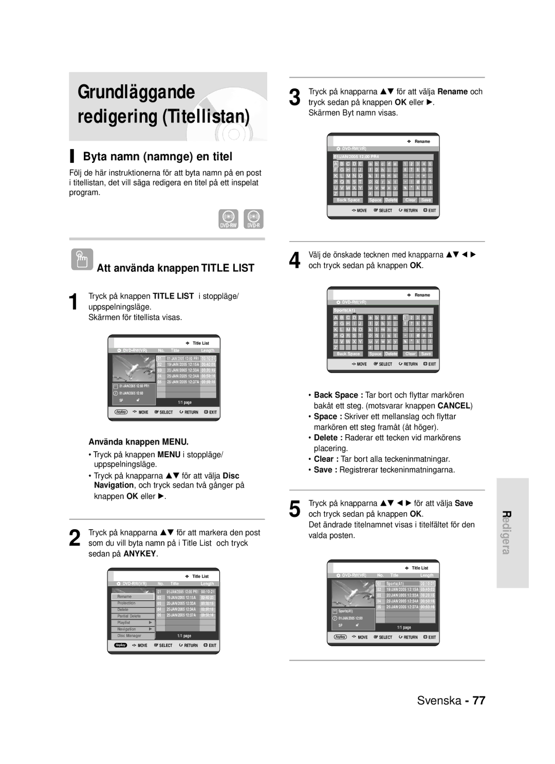 Samsung DVD-R119/XEE manual Grundläggande redigering Titellistan, Byta namn namnge en titel 