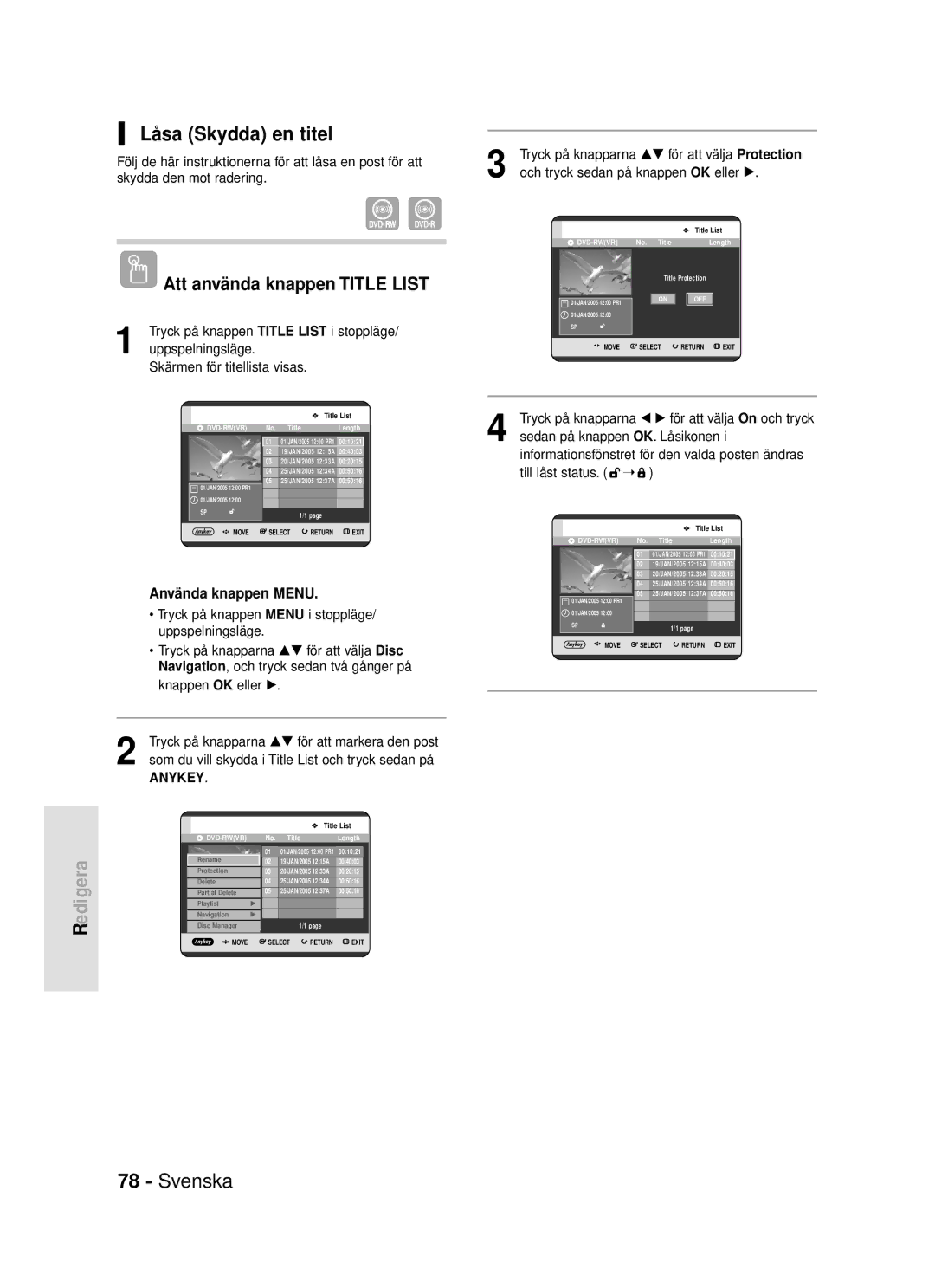 Samsung DVD-R119/XEE manual Låsa Skydda en titel, Som du vill skydda i Title List och tryck sedan på 