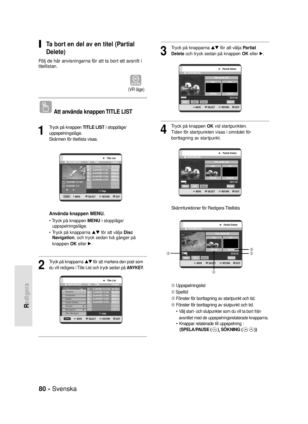 Samsung DVD-R119/XEE manual Ta bort en del av en titel Partial Delete 