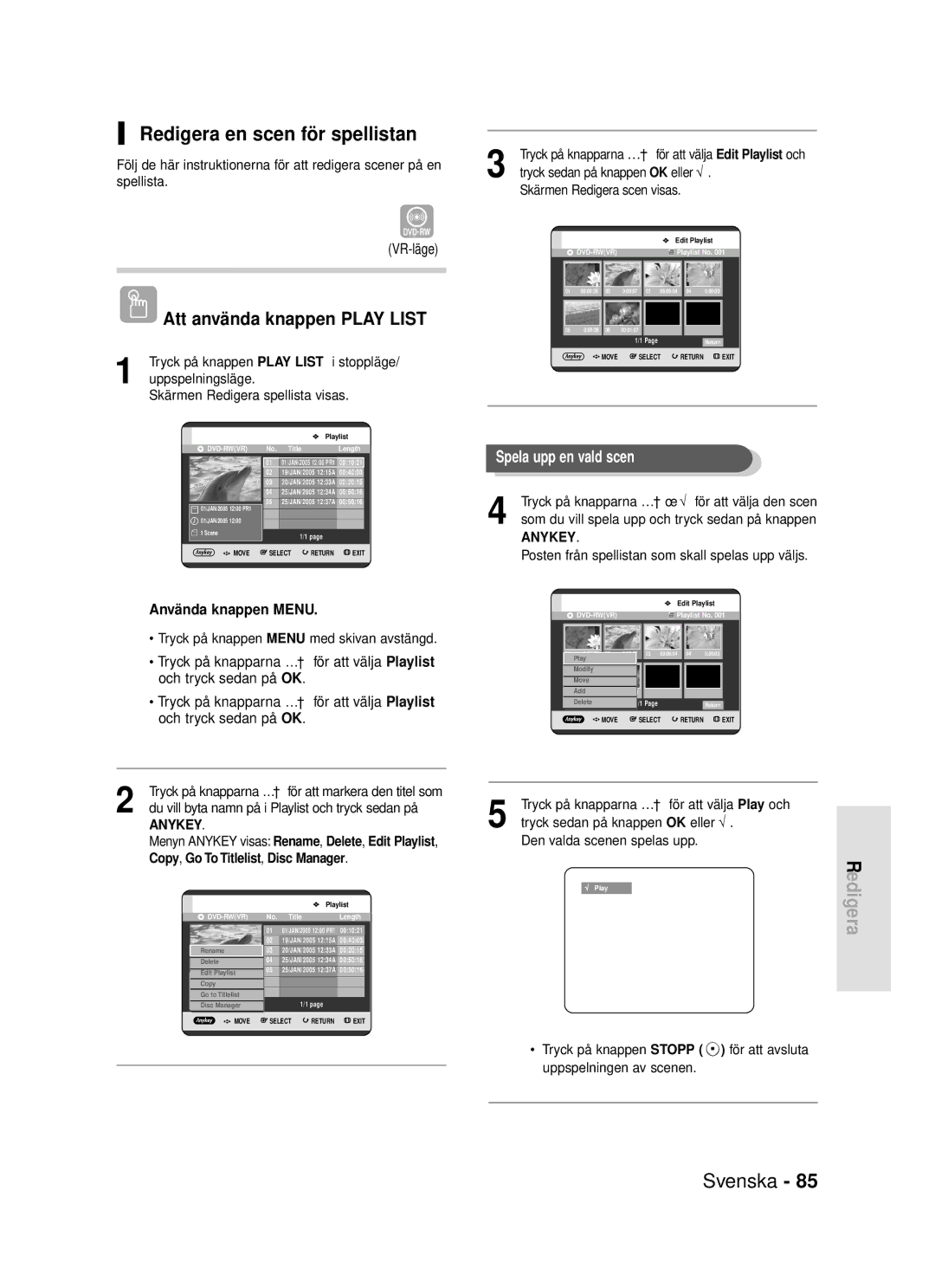 Samsung DVD-R119/XEE manual Redigera en scen för spellistan, Copy , Go To Titlelist , Disc Manager 