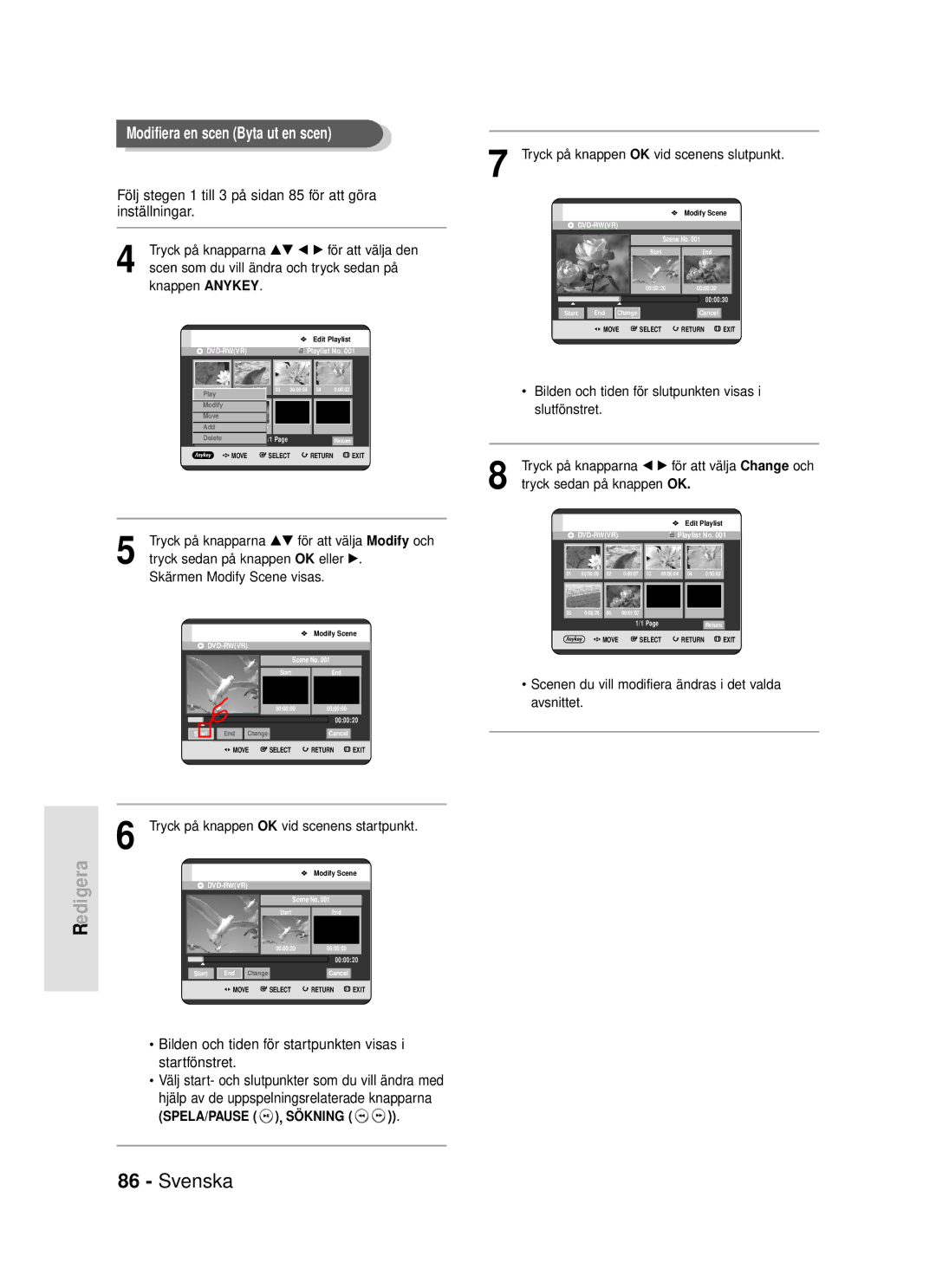 Samsung DVD-R119/XEE manual Följ stegen 1 till 3 på sidan 85 för att göra inställningar, Tryck sedan på knappen OK 