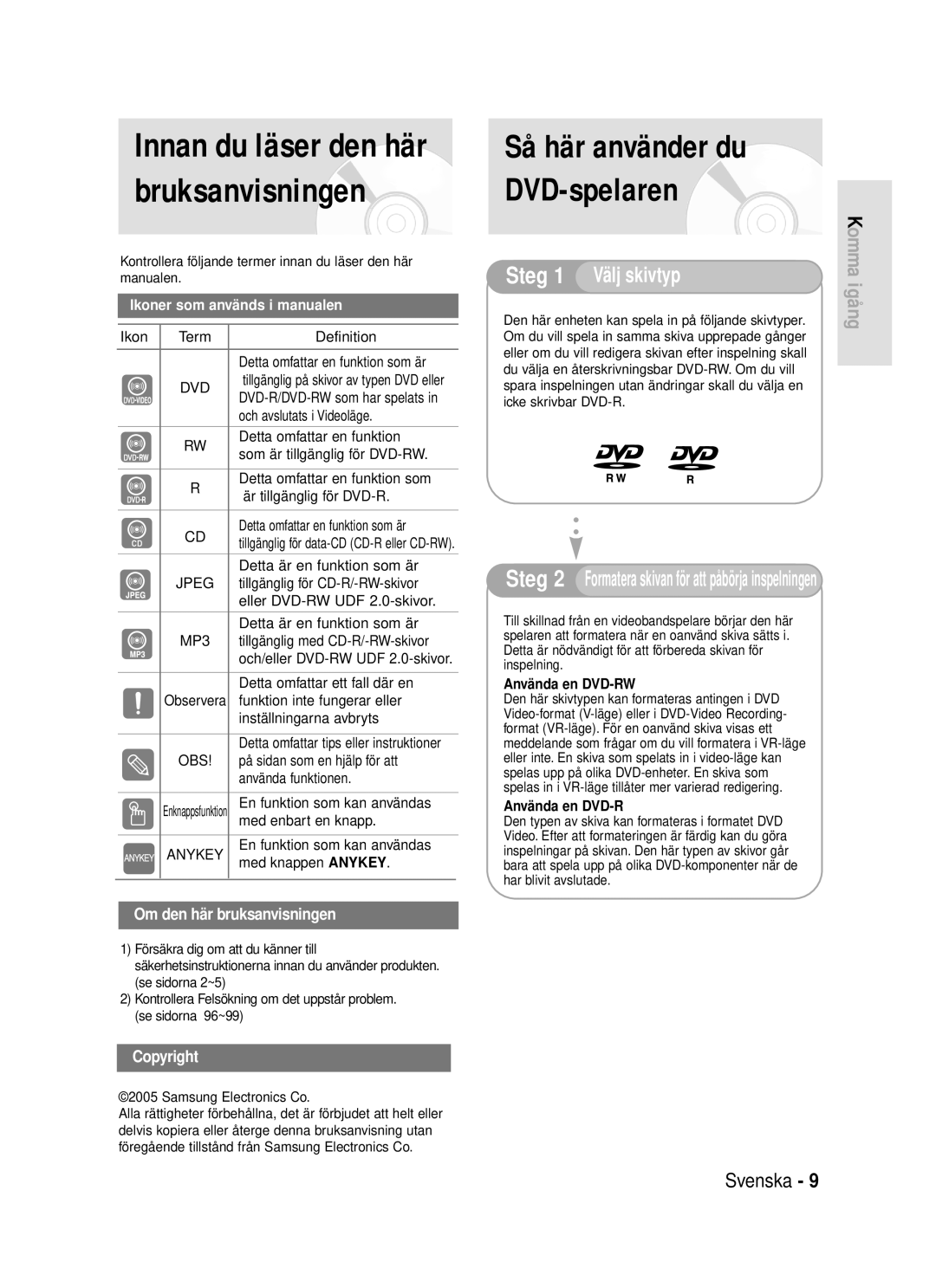 Samsung DVD-R119/XEE manual Så här använder du DVD-spelaren, Innan du läser den här bruksanvisningen 