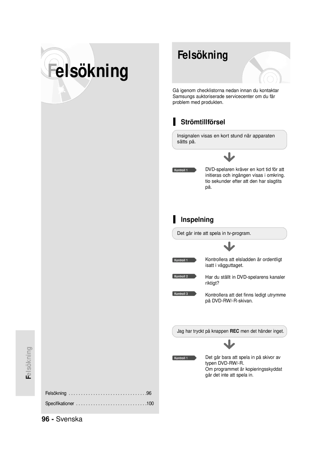 Samsung DVD-R119/XEE manual Strömtillförsel, Inspelning 