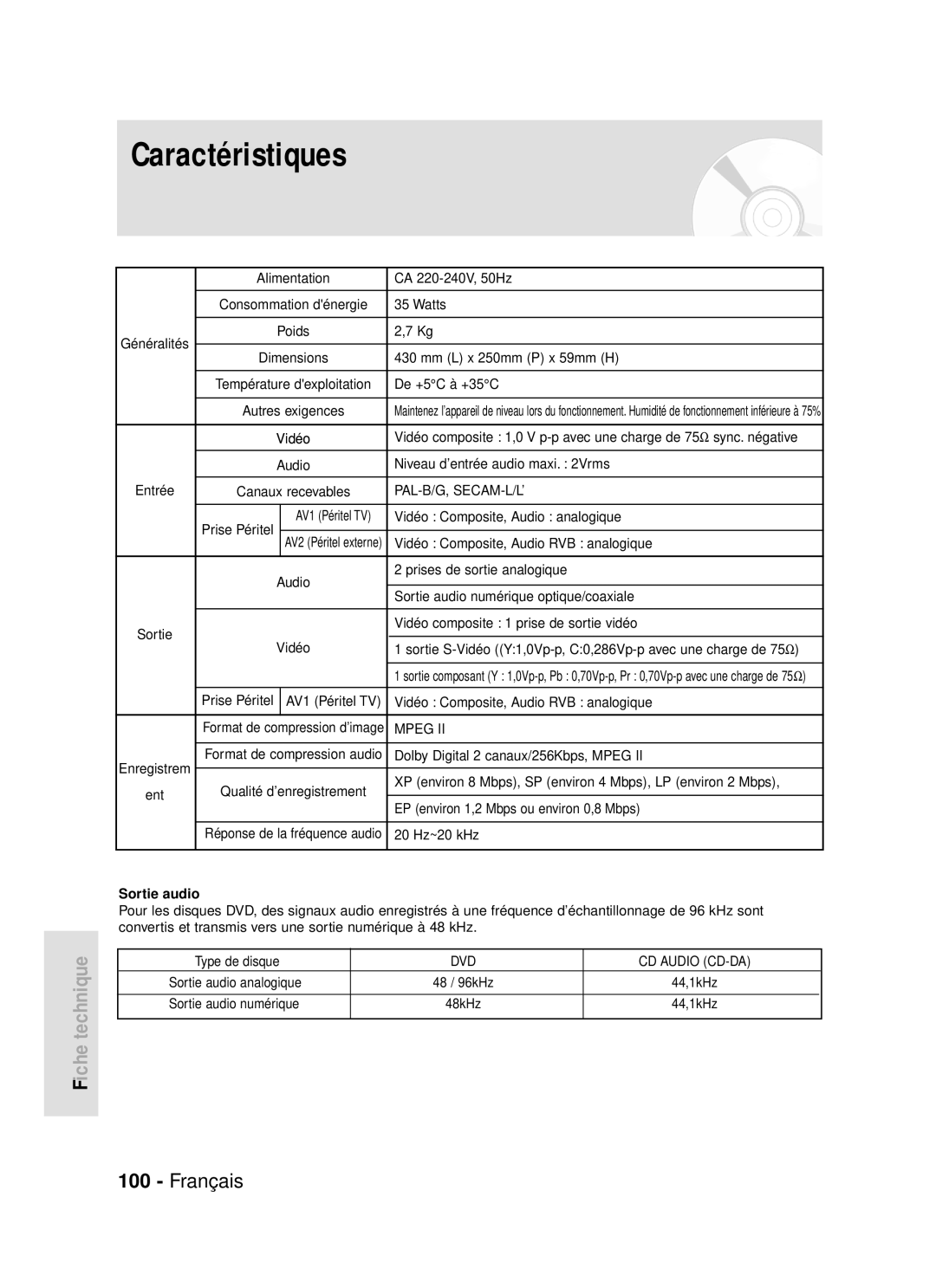 Samsung DVD-R119/XEF manual Sortie audio 