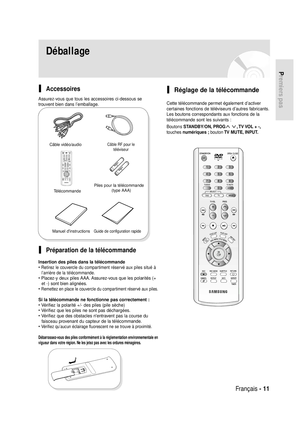 Samsung DVD-R119/XEF manual Accessoires, Préparation de la télécommande, Réglage de la télécommande 