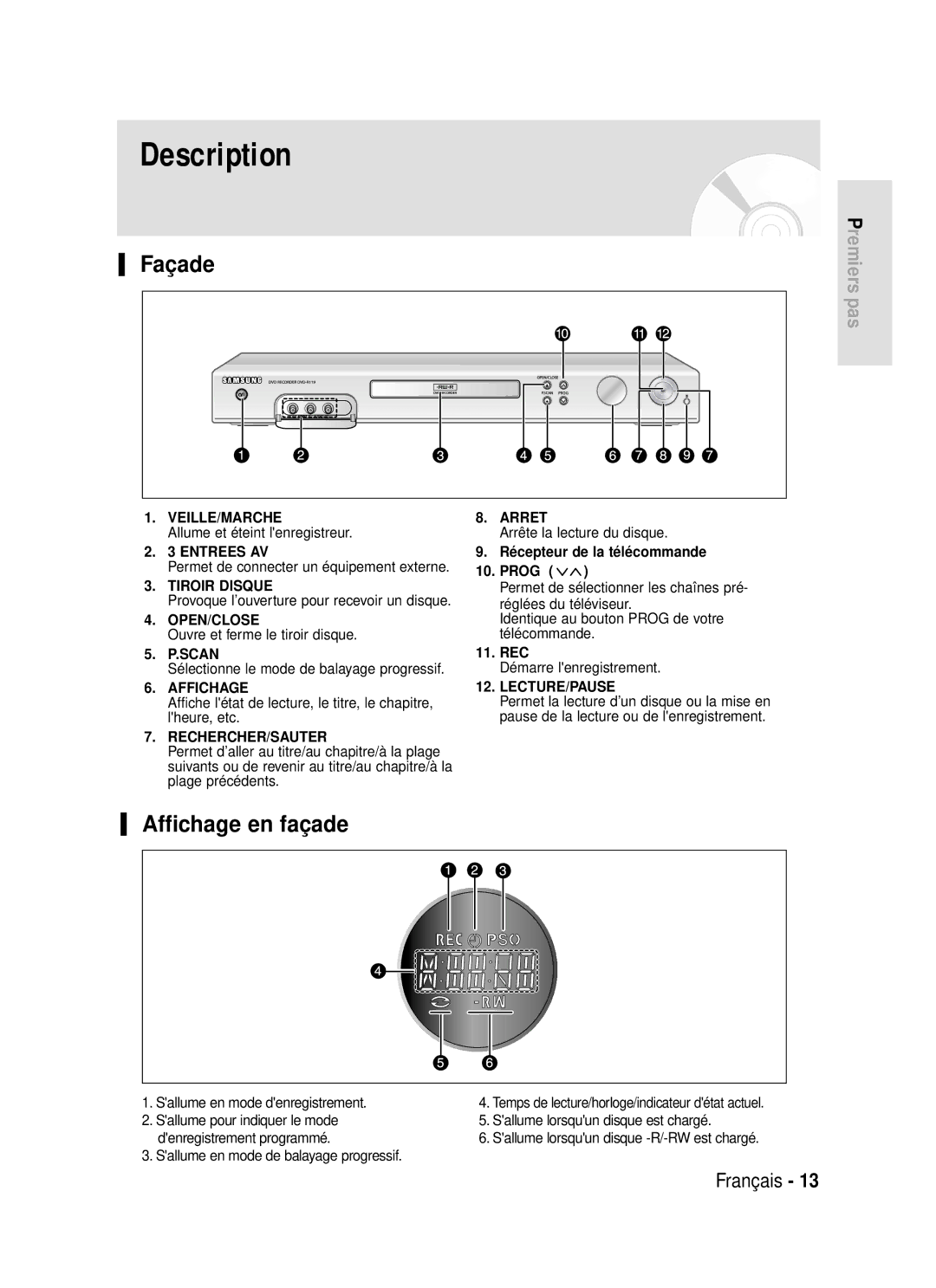 Samsung DVD-R119/XEF Allume et éteint lenregistreur, Permet de connecter un équipement externe, Démarre lenregistrement 