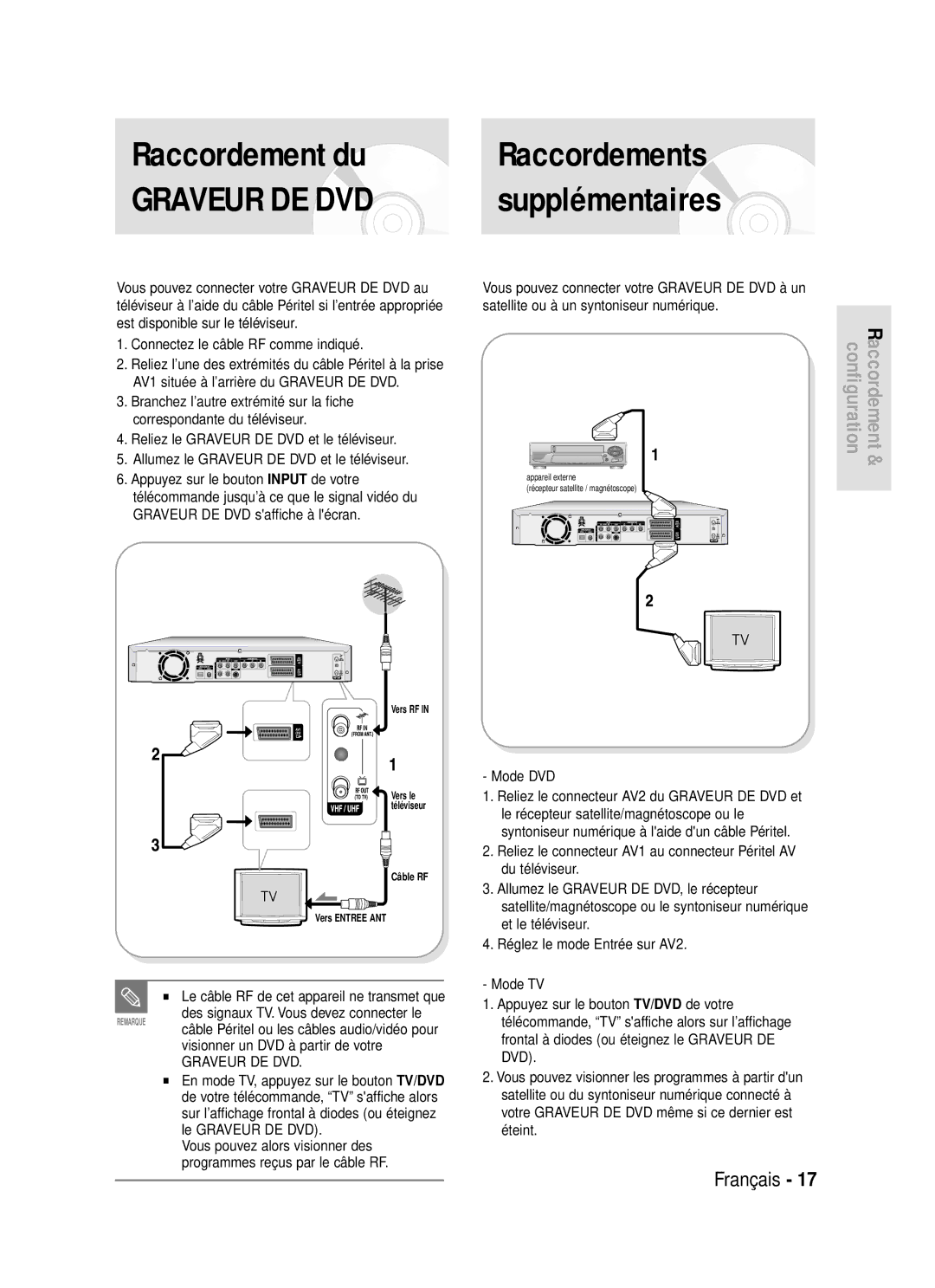 Samsung DVD-R119/XEF manual Supplémentaires, Connectez le câble RF comme indiqué, Mode DVD, Éteint 