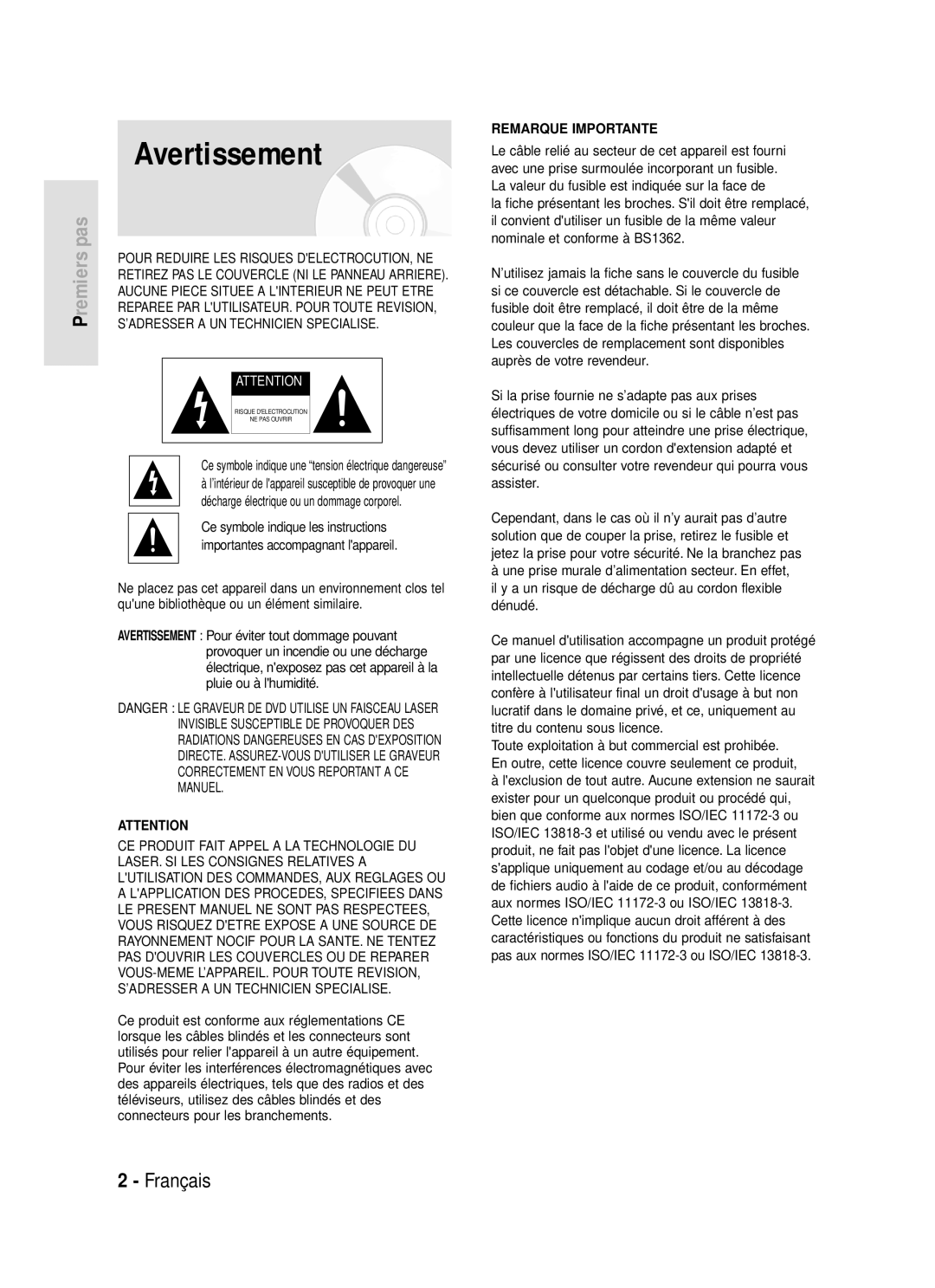 Samsung DVD-R119/XEF manual Avertissement, Ce symbole indique une tension électrique dangereuse 