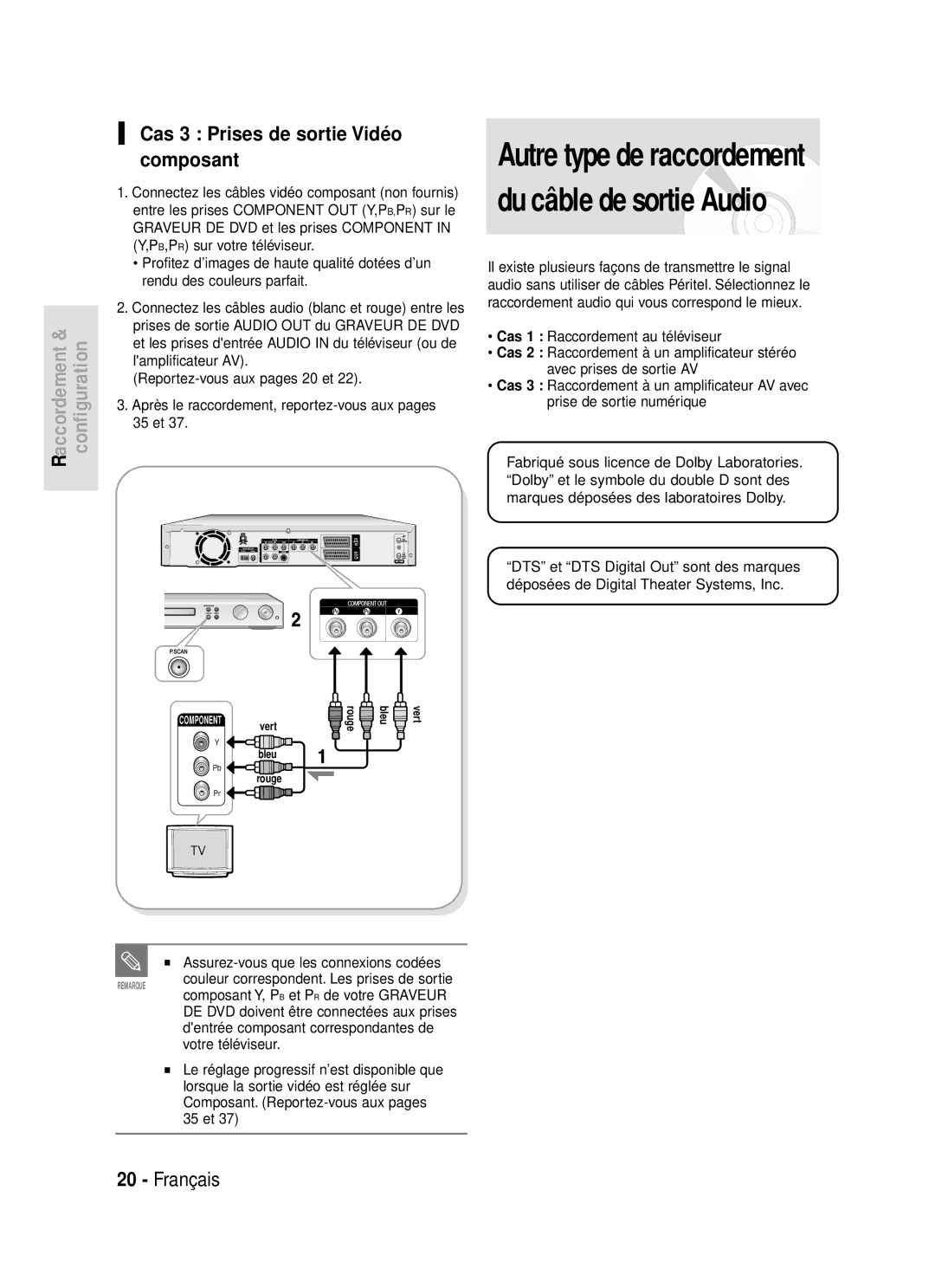 Samsung DVD-R119/XEF manual Cas 3 Prises de sortie Vidé o composant, Assurez-vous que les connexions codées 