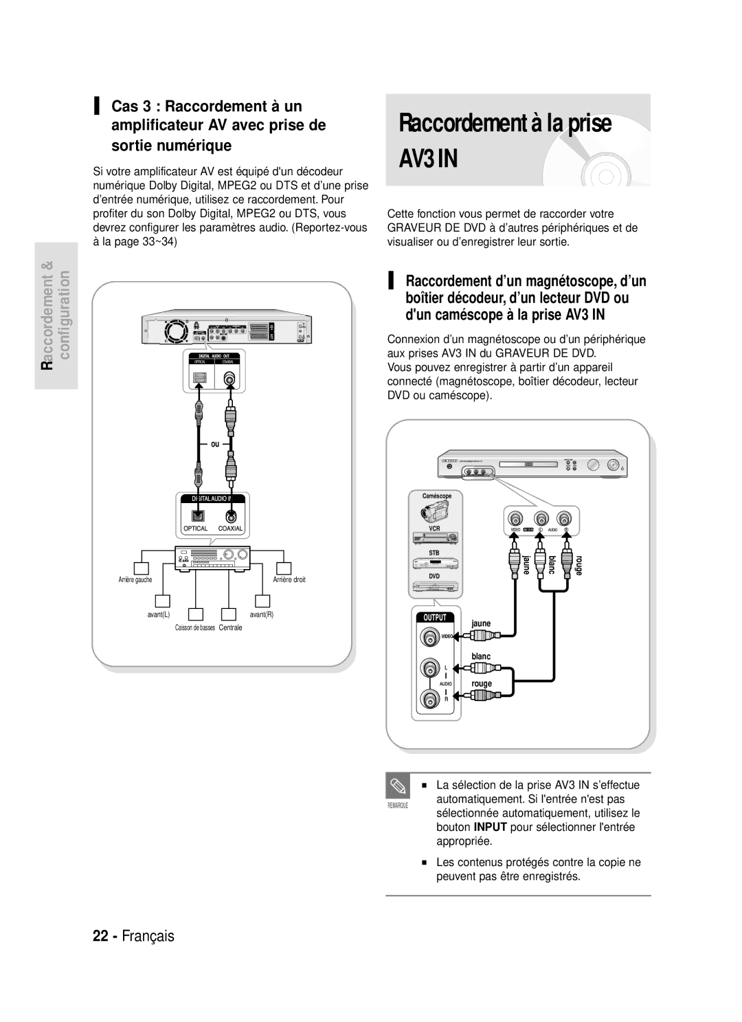 Samsung DVD-R119/XEF manual Raccordement à la prise AV3, La sélection de la prise AV3 in s’effectue 