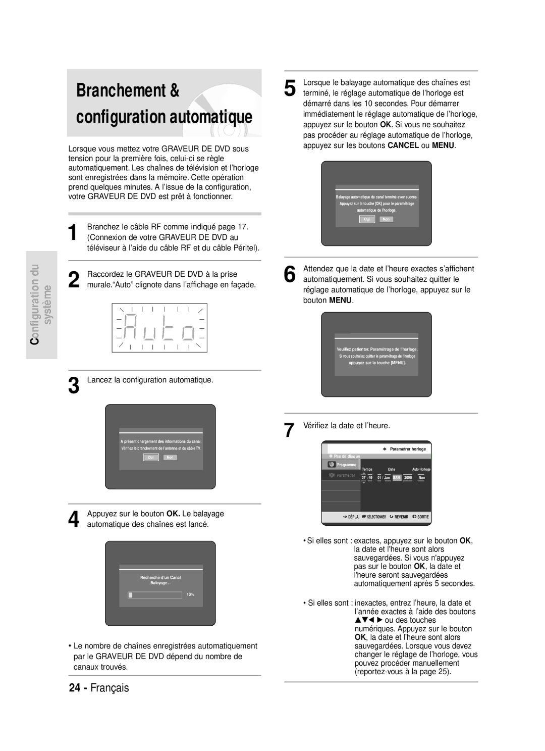 Samsung DVD-R119/XEF manual Murale.Auto clignote dans l’affichage en façade, Lancez la configuration automatique 