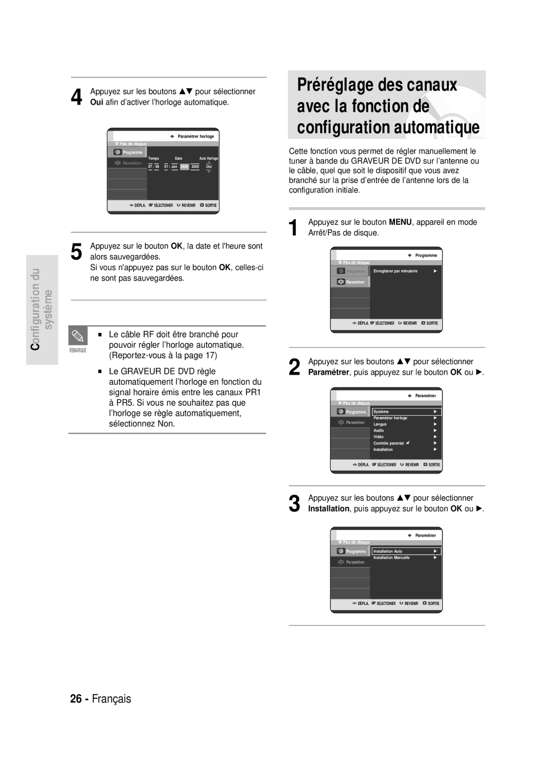 Samsung DVD-R119/XEF manual Le câble RF doit être branché pour, Oui afin d’activer l’horloge automatique 