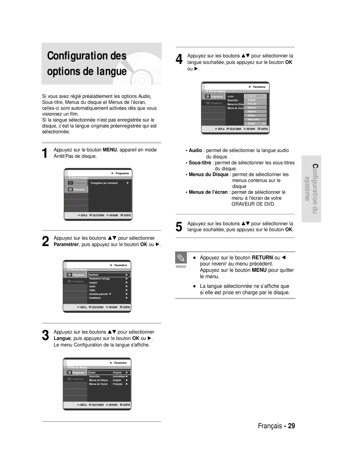 Samsung DVD-R119/XEF manual Configuration des options de langue, Appuyez sur le bouton Return ou œ 