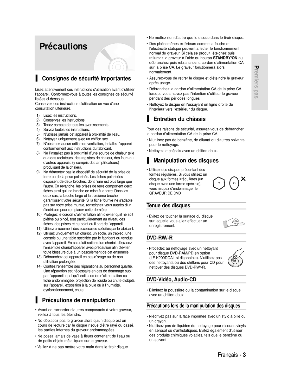 Samsung DVD-R119/XEF manual Consignes de sécurité importantes, Précautions de manipulation, Entretien du châssis 