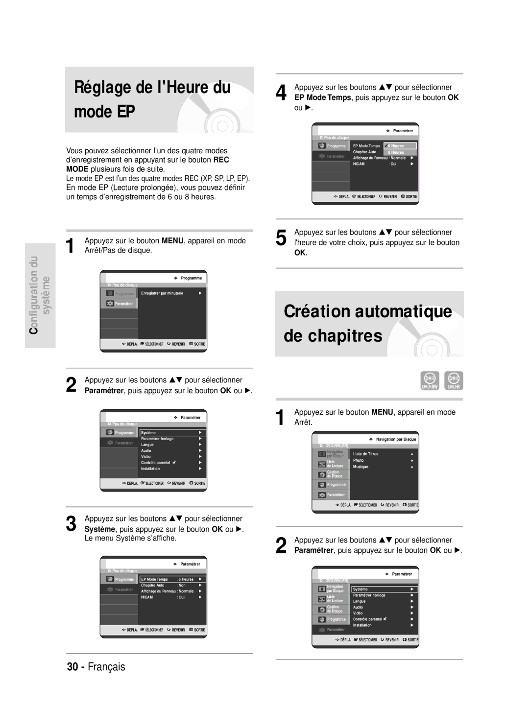 Samsung DVD-R119/XEF manual Système , puis appuyez sur le bouton OK ou √, Le menu Système s’affiche, Arrêt 