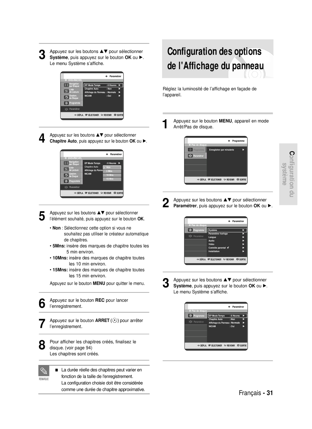 Samsung DVD-R119/XEF manual Réglez la luminosité de l’affichage en façade de l’appareil 