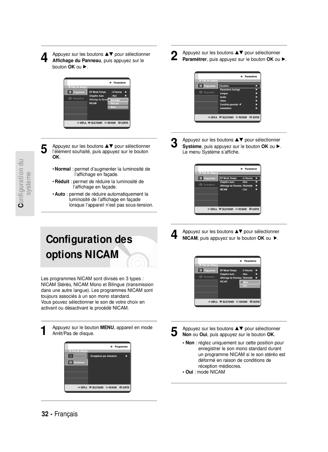 Samsung DVD-R119/XEF manual Système , puis appuyez sur le bouton OK ou √, Le menu Système s’affiche 