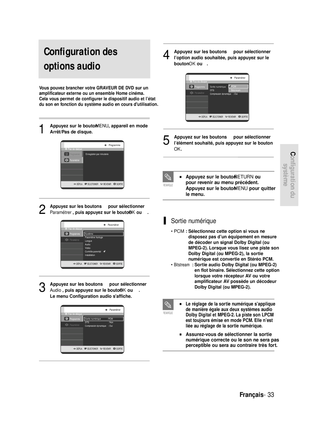 Samsung DVD-R119/XEF manual Configuration des options audio, Sortie numérique 