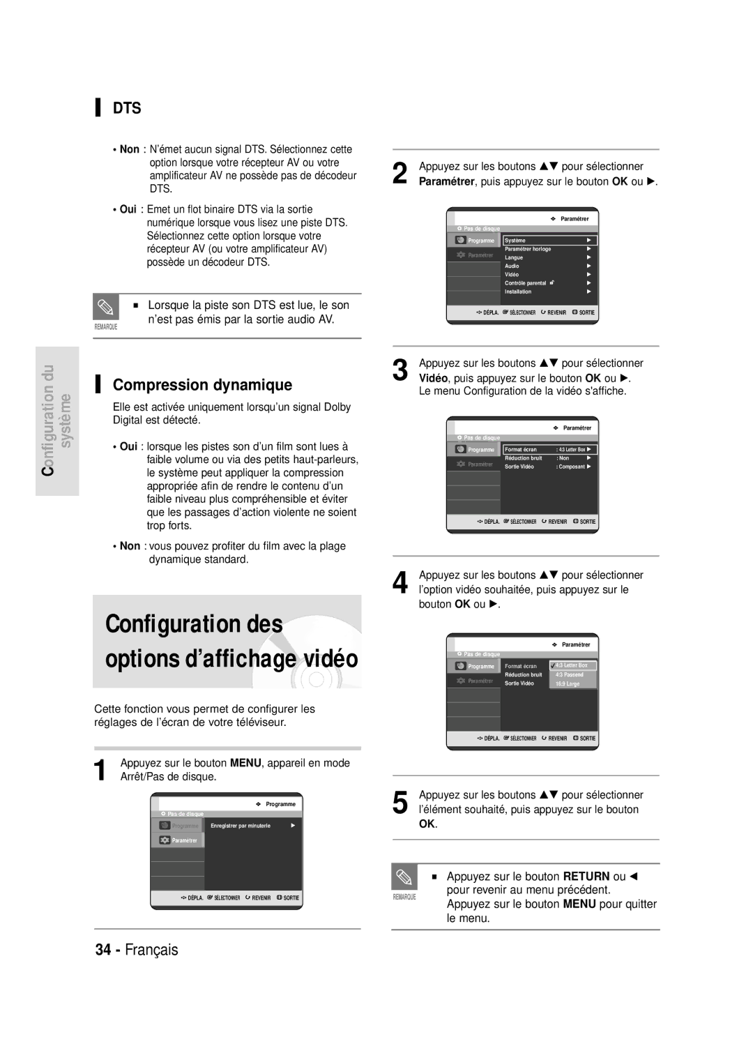 Samsung DVD-R119/XEF manual Configuration des options d’affichage vidéo, Compression dynamique 