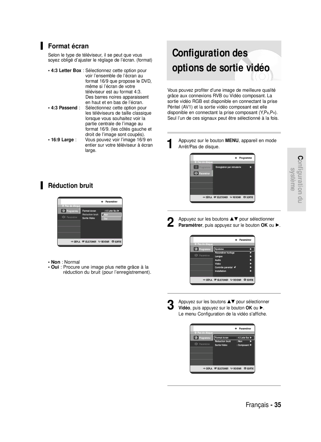 Samsung DVD-R119/XEF manual Configuration des options de sortie vidéo, Format écran 