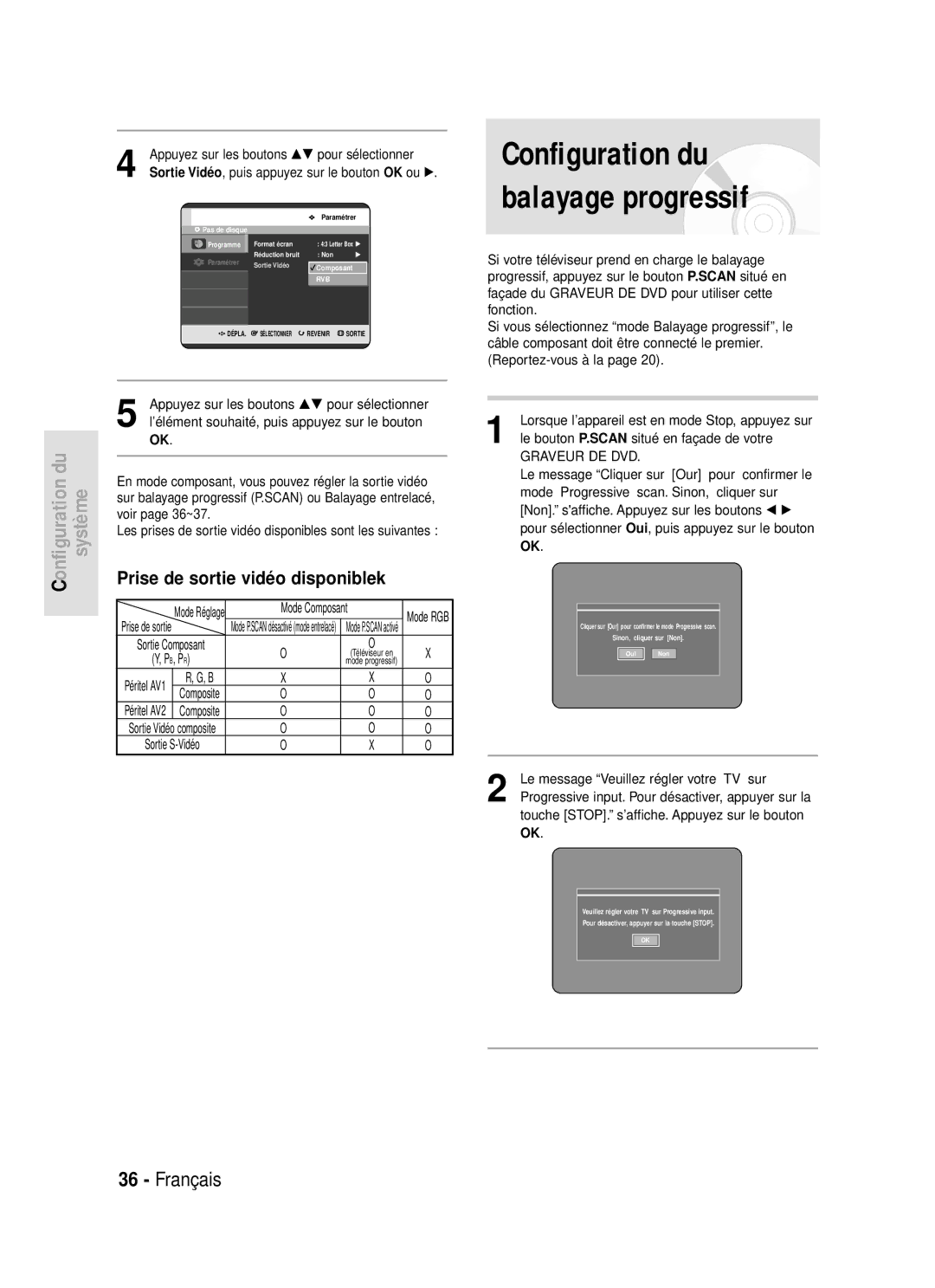 Samsung DVD-R119/XEF manual Configuration du balayage progressif, Voir page 36~37, Mode Composant 