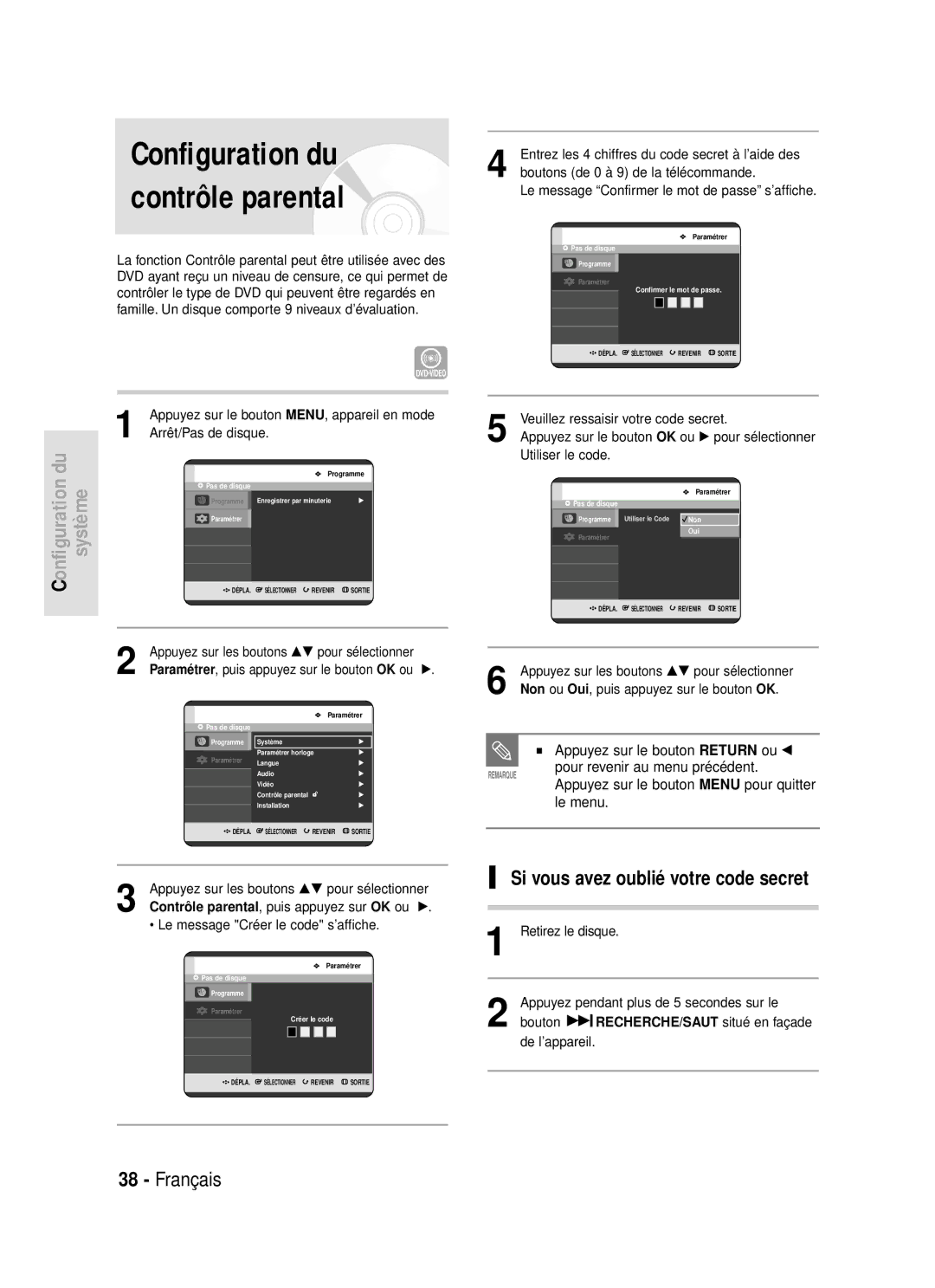 Samsung DVD-R119/XEF manual Configuration du contrôle parental, Si vous avez oublié votre code secret 