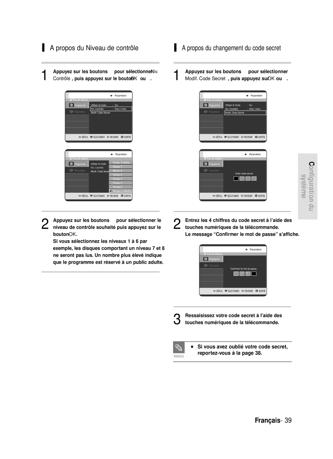 Samsung DVD-R119/XEF manual Propos du Niveau de contrôle, Propos du changement du code secret 