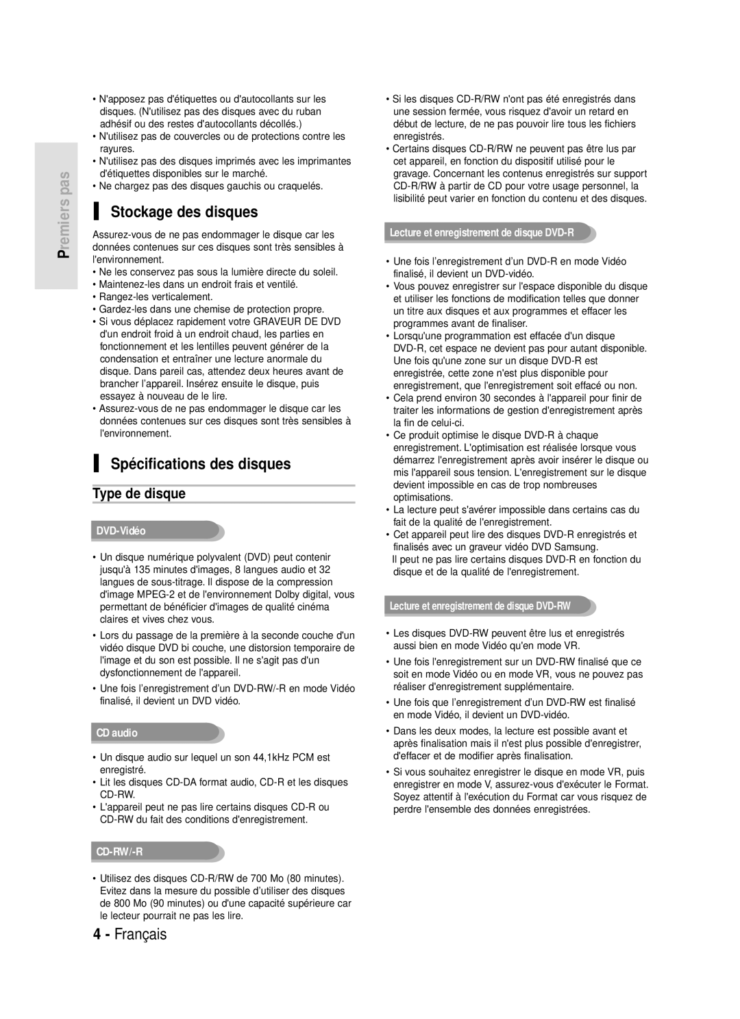 Samsung DVD-R119/XEF manual Stockage des disques, Spécifications des disques, Type de disque 