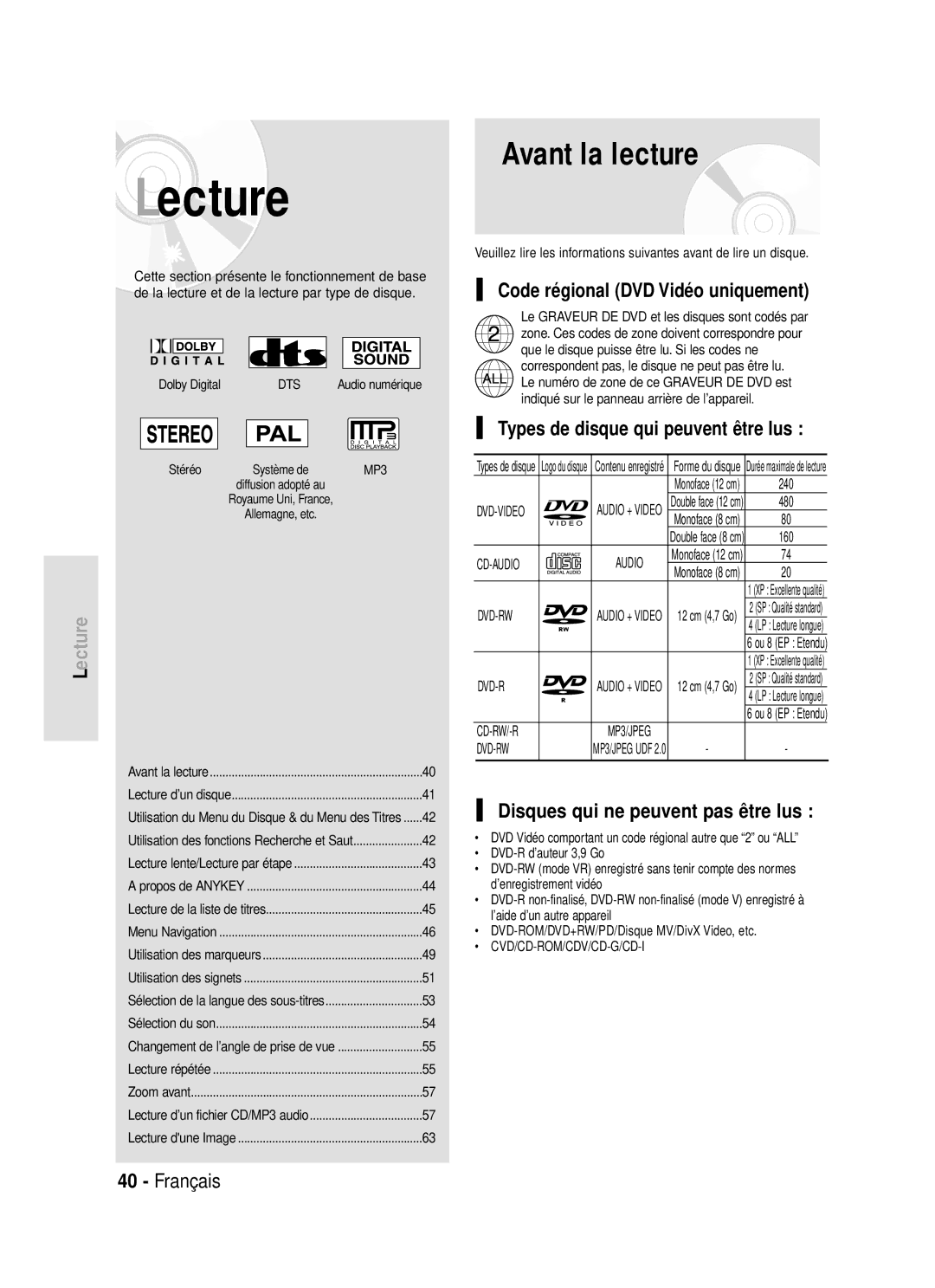 Samsung DVD-R119/XEF Avant la lecture, Code régional DVD Vidéo uniquement, Types de disque qui peuvent être lus, Stéréo 