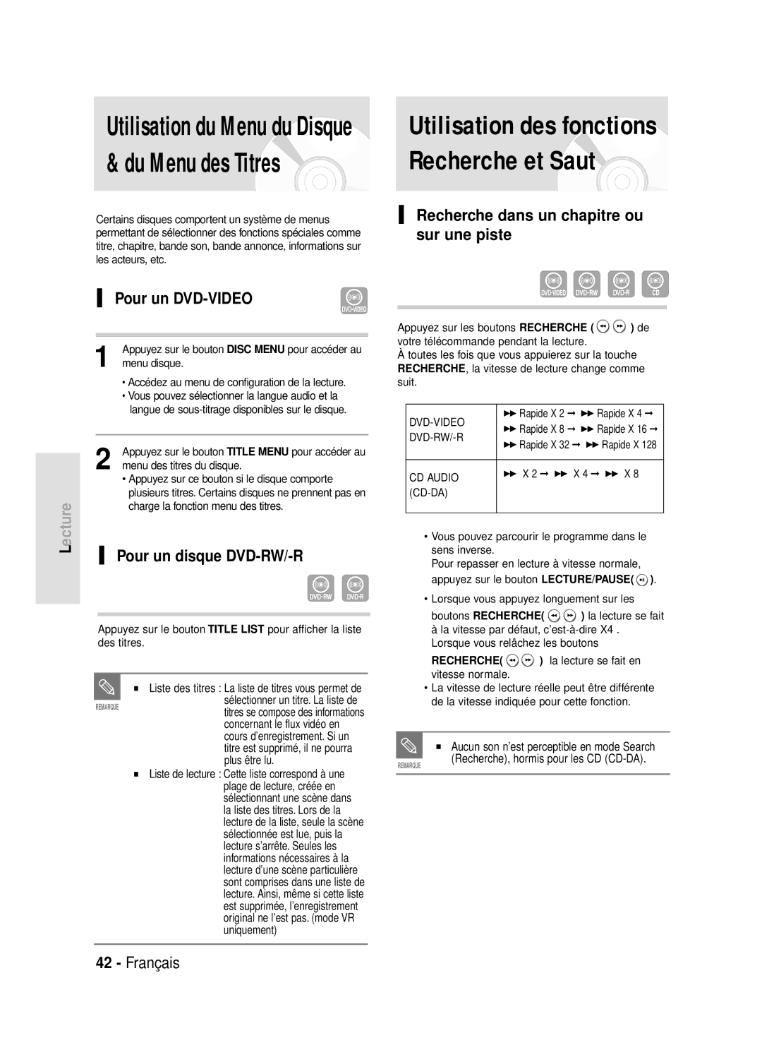 Samsung DVD-R119/XEF manual Utilisation des fonctions Recherche et Saut, Pour un DVD-VIDEO, Pour un disque DVD-RW/-R 