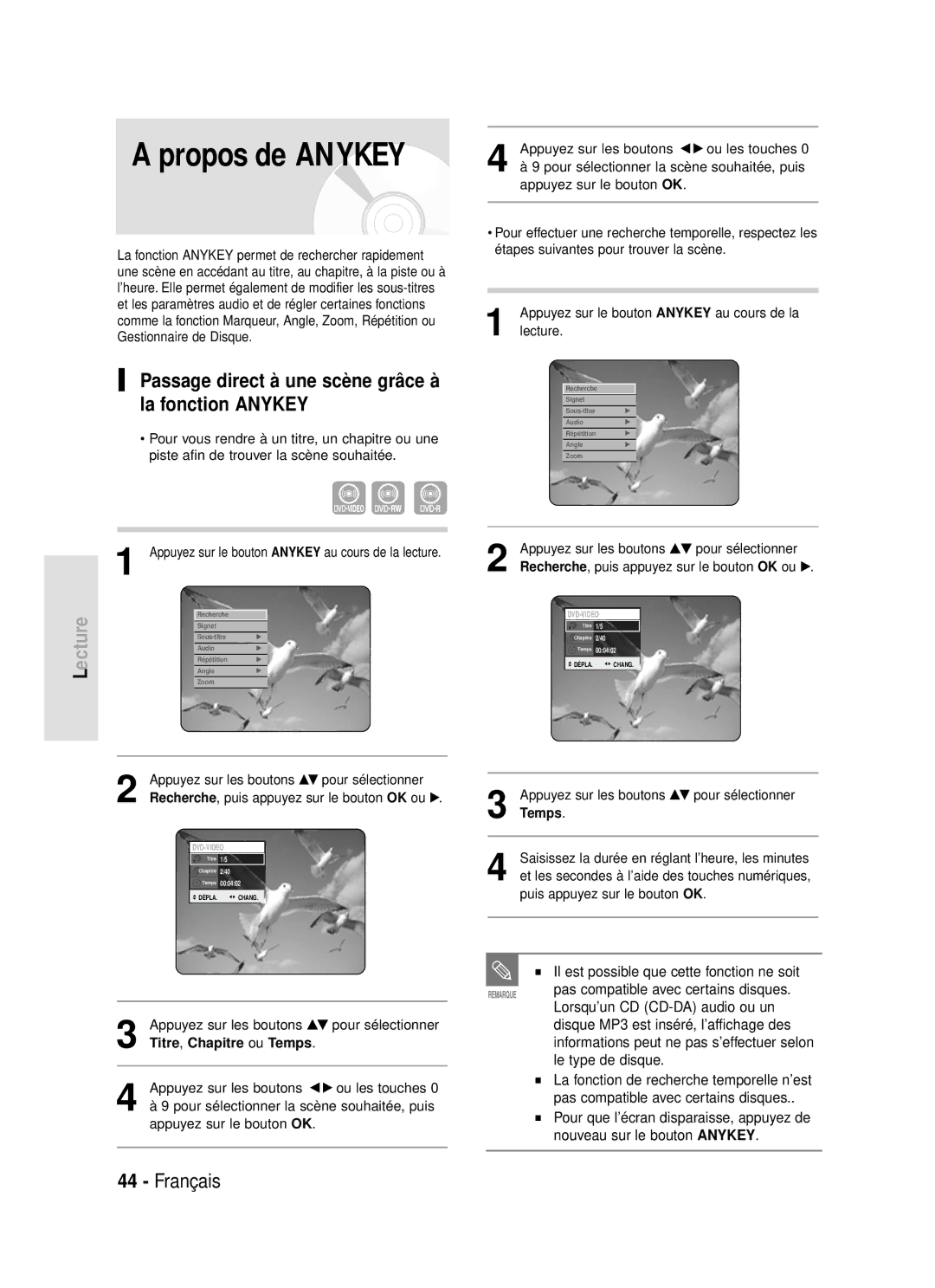 Samsung DVD-R119/XEF manual Passage direct à une scène grâce à la fonction Anykey 