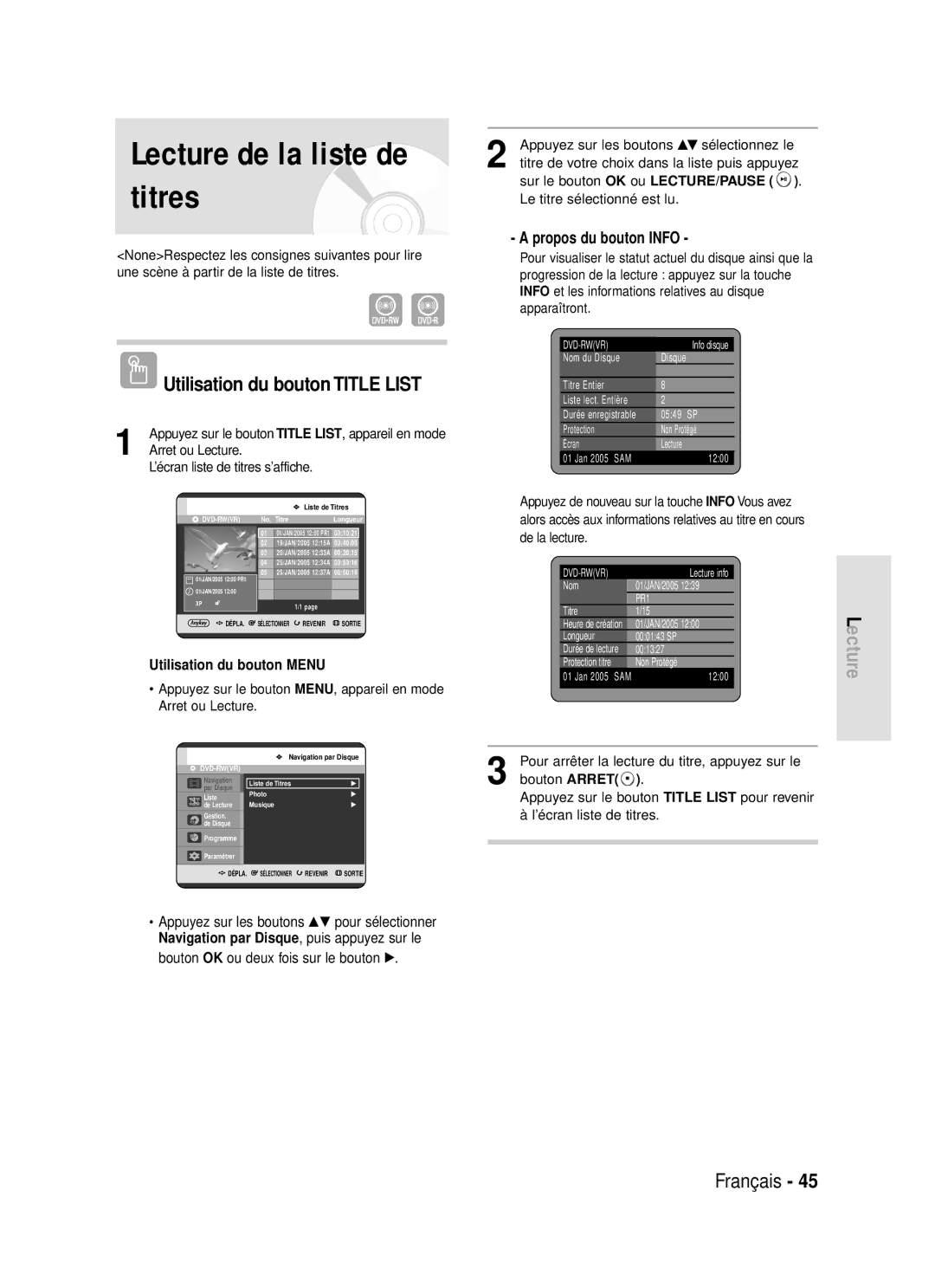 Samsung DVD-R119/XEF manual Lecture de la liste de titres, Utilisation du bouton Title List, Propos du bouton Info 