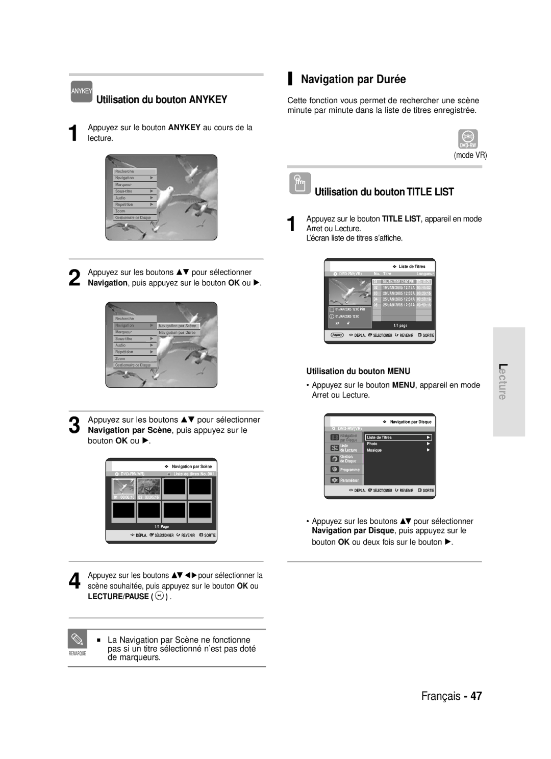 Samsung DVD-R119/XEF manual Navigation par Durée, Utilisation du bouton Anykey, La Navigation par Scène ne fonctionne 