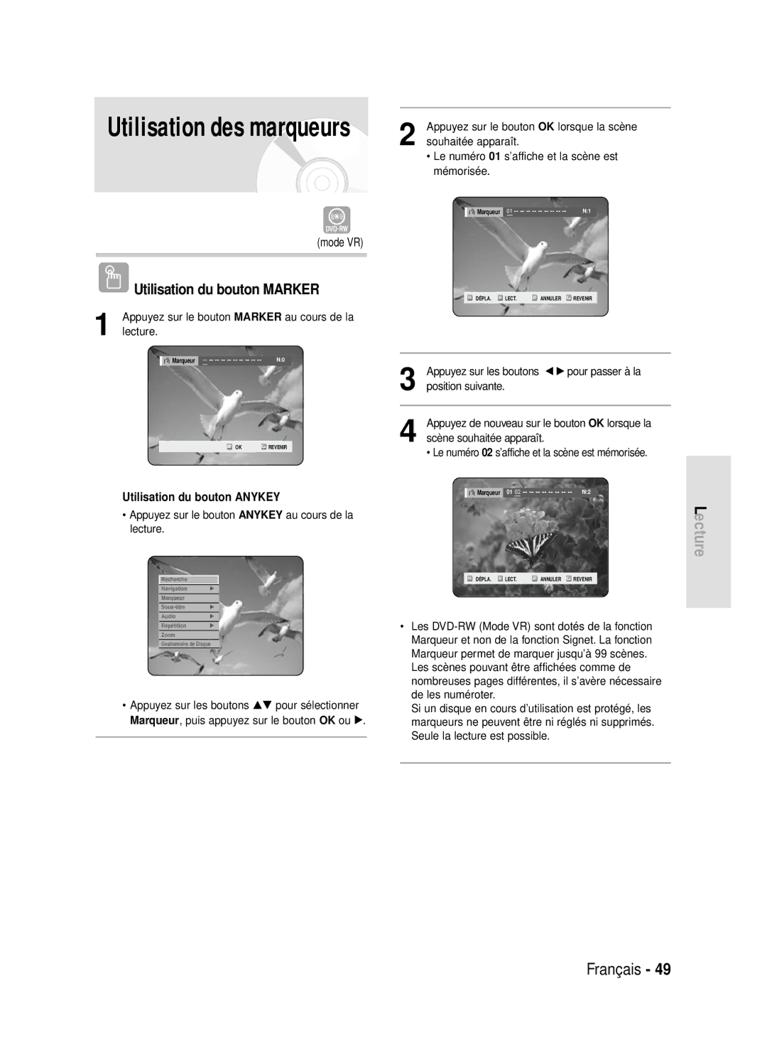 Samsung DVD-R119/XEF manual Utilisation du bouton Marker, Appuyez sur le bouton Marker au cours de la, Lecture 