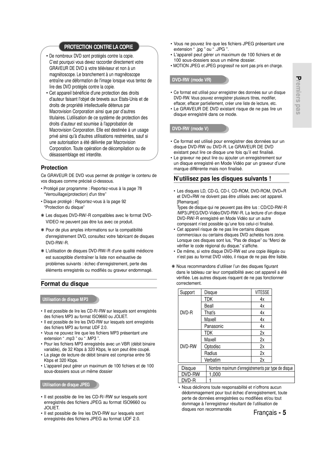 Samsung DVD-R119/XEF manual Format du disque, ’utilisez pas les disques suivants, Protection 