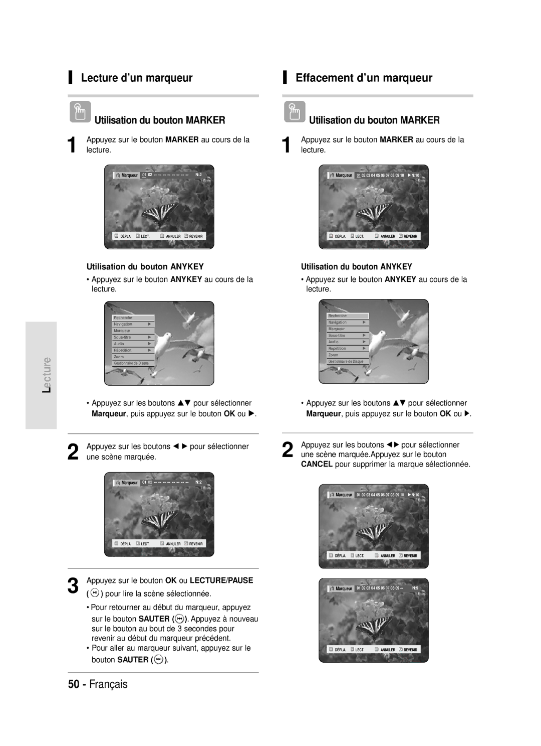 Samsung DVD-R119/XEF manual Appuyez sur le bouton Marker au cours de la Lecture, Une scène marquée 