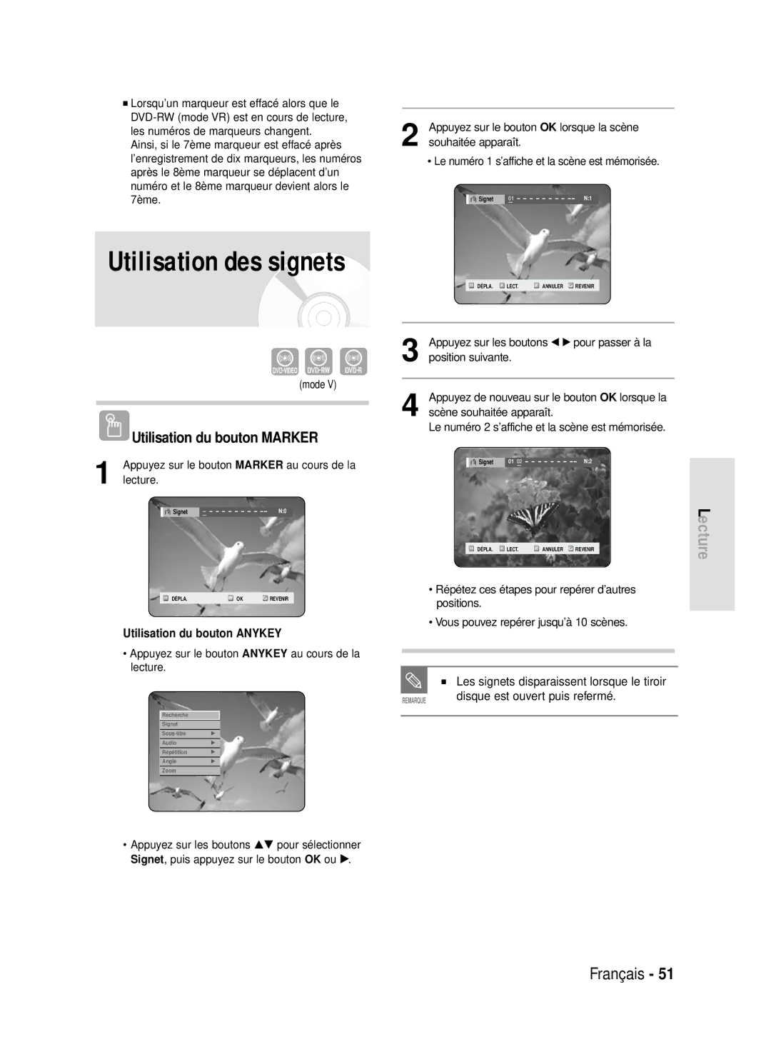 Samsung DVD-R119/XEF manual Les signets disparaissent lorsque le tiroir, Mode 