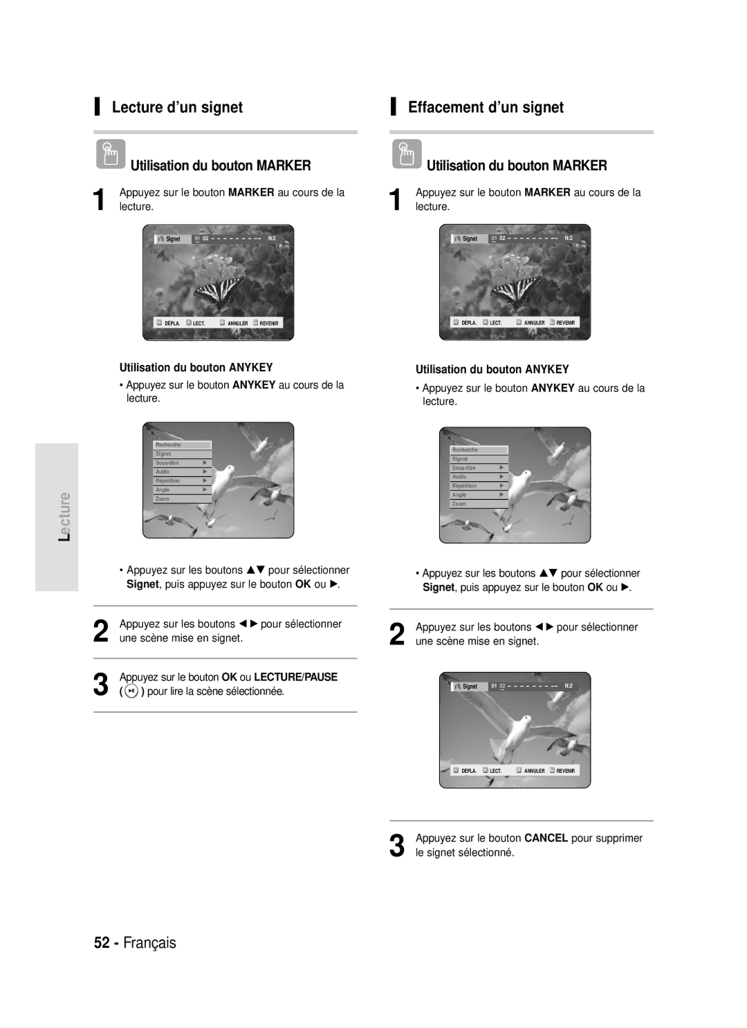 Samsung DVD-R119/XEF manual Lecture d’un signet, Effacement d’un signet, Une scène mise en signet 