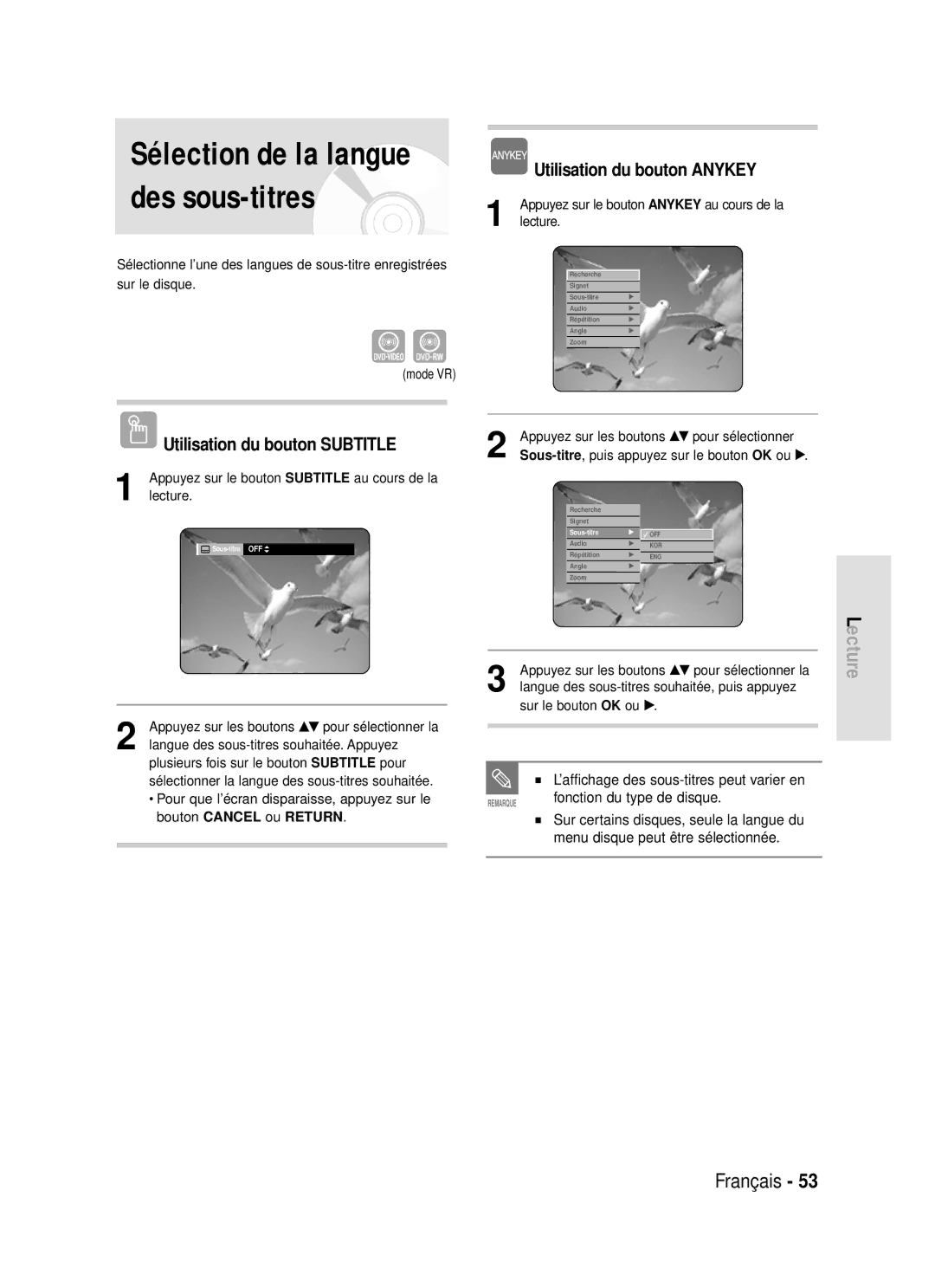 Samsung DVD-R119/XEF Sélection de la langue des sous-titres, Utilisation du bouton Subtitle, Utilisation du bouton Anykey 