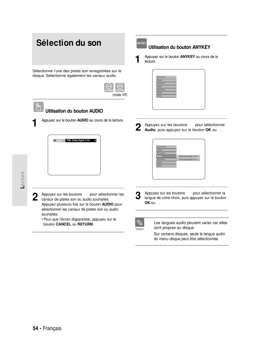 Samsung DVD-R119/XEF manual Sélection du son, Utilisation du bouton Audio, Sont propres au disque 