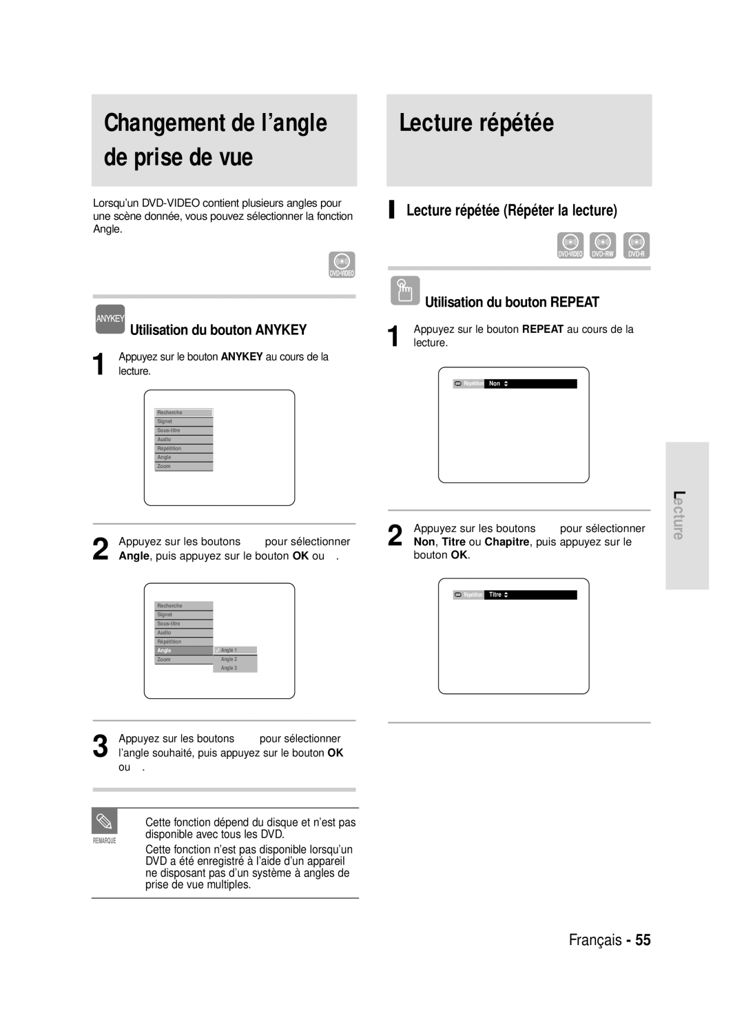 Samsung DVD-R119/XEF manual Changement de l’angle de prise de vue, Lecture répétée Répéter la lecture 