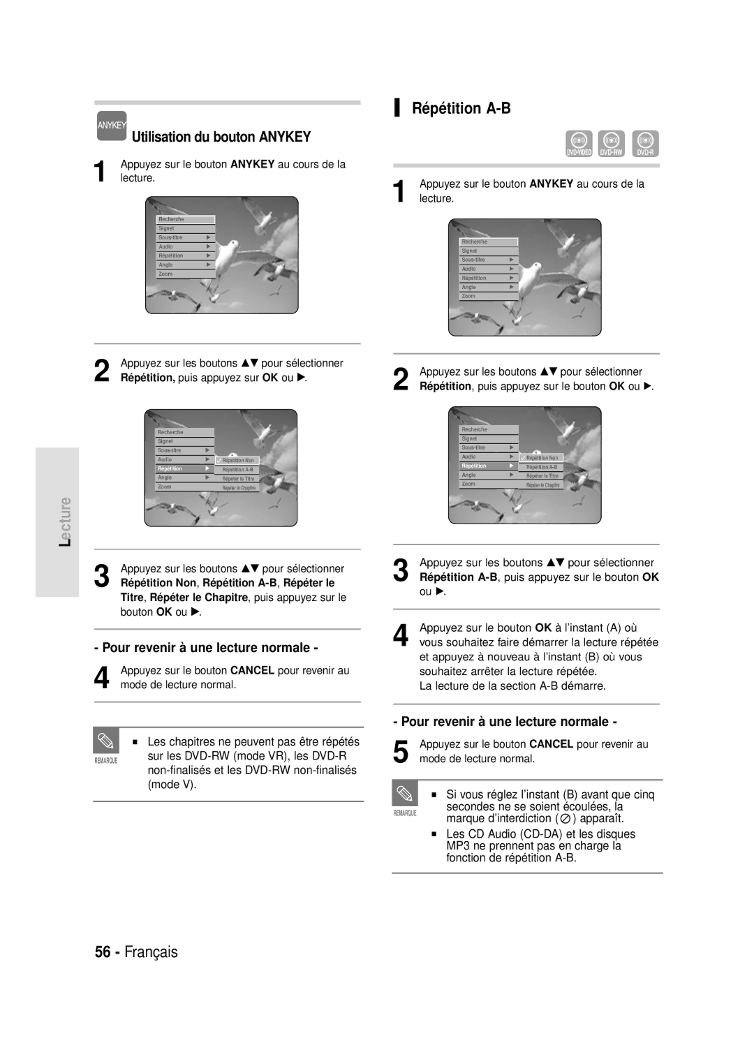 Samsung DVD-R119/XEF manual Répétition A-B, Pour revenir à une lecture normale 