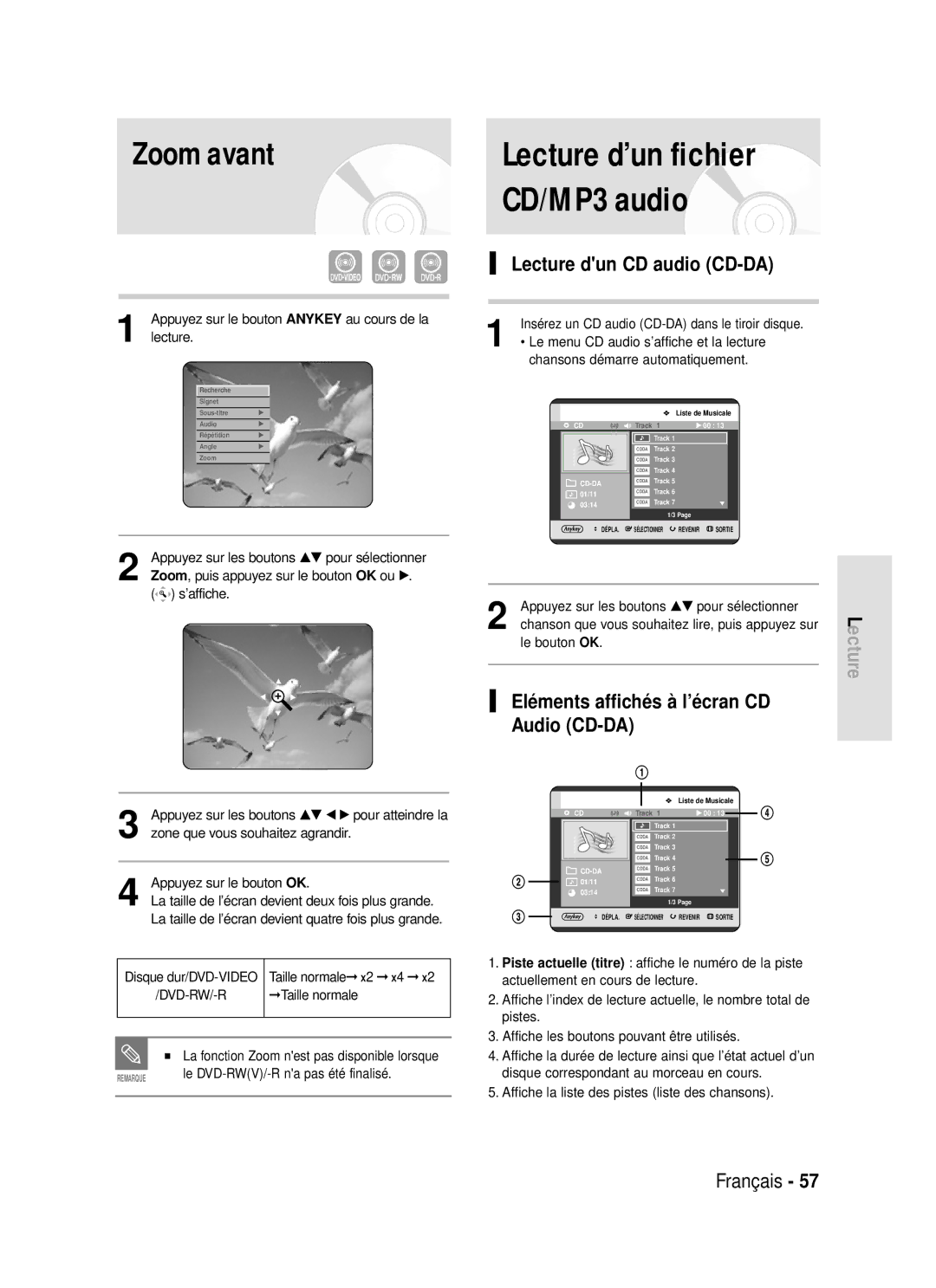 Samsung DVD-R119/XEF manual Zoom avant, Lecture dun CD audio CD-DA, Eléments affichés à l’écran CD Audio CD-DA 