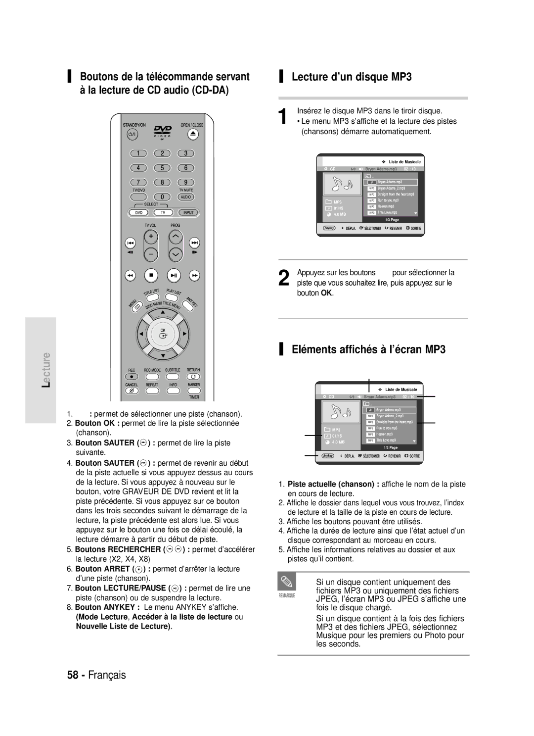 Samsung DVD-R119/XEF manual Lecture d’un disque MP3, Eléments affichés à l’écran MP3, Si un disque contient uniquement des 