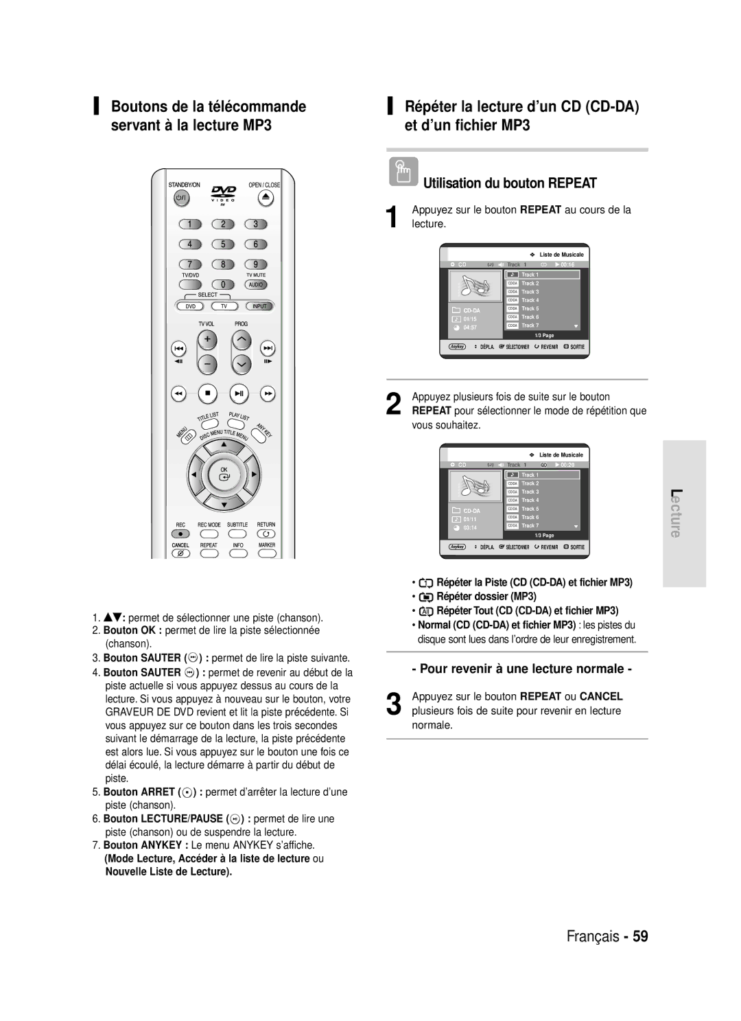 Samsung DVD-R119/XEF Répéter la lecture d’un CD CD-DA et d’un fichier MP3, Appuyez plusieurs fois de suite sur le bouton 