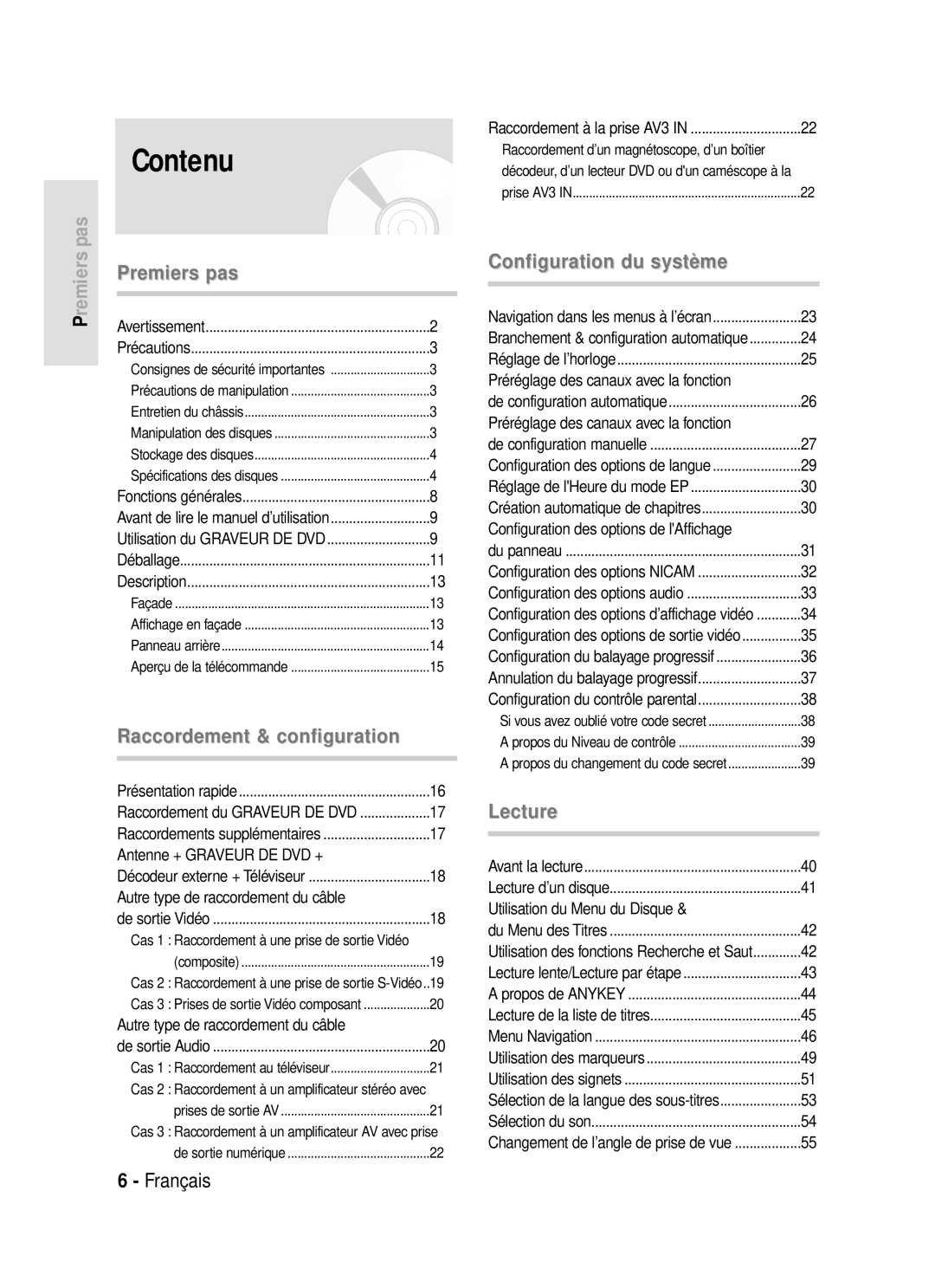 Samsung DVD-R119/XEF manual Contenu 